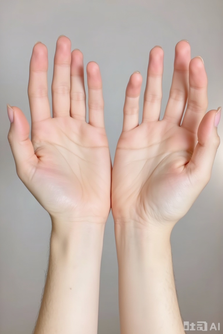 The image shows a close-up of a pair of hands, with the fingers spread apart. The skin appears smooth and slightly glossy, suggesting a healthy or moisturized state. The nails are neatly trimmed and painted with a light pink or nude polish. The background is blurred, creating a soft and neutral backdrop that highlights the hands.