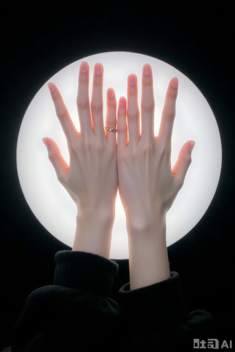 The image shows a close-up of two hands, one with a silver ring on the ring finger, positioned against a bright, glowing circular light. The hands are slightly open, with fingers spread apart, and the light creates a soft, almost ethereal glow around the hands. The background is dark, which makes the hands and the light stand out prominently. The overall composition is minimalistic, focusing on the interaction between the hands and the light.
