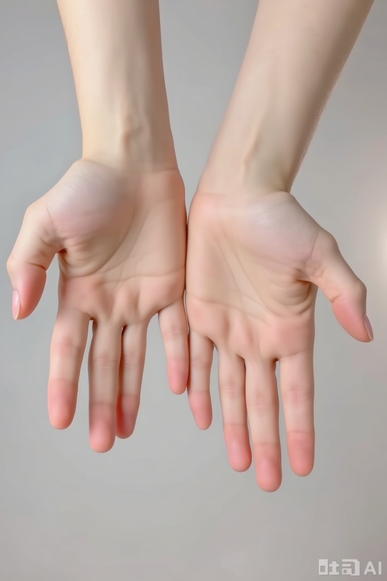 The image shows a close-up of a pair of hands, with the fingers spread apart. The skin appears smooth and slightly glossy, suggesting a healthy or moisturized state. The nails are neatly trimmed and painted with a light pink or nude polish. The background is blurred, creating a soft and neutral backdrop that highlights the hands.