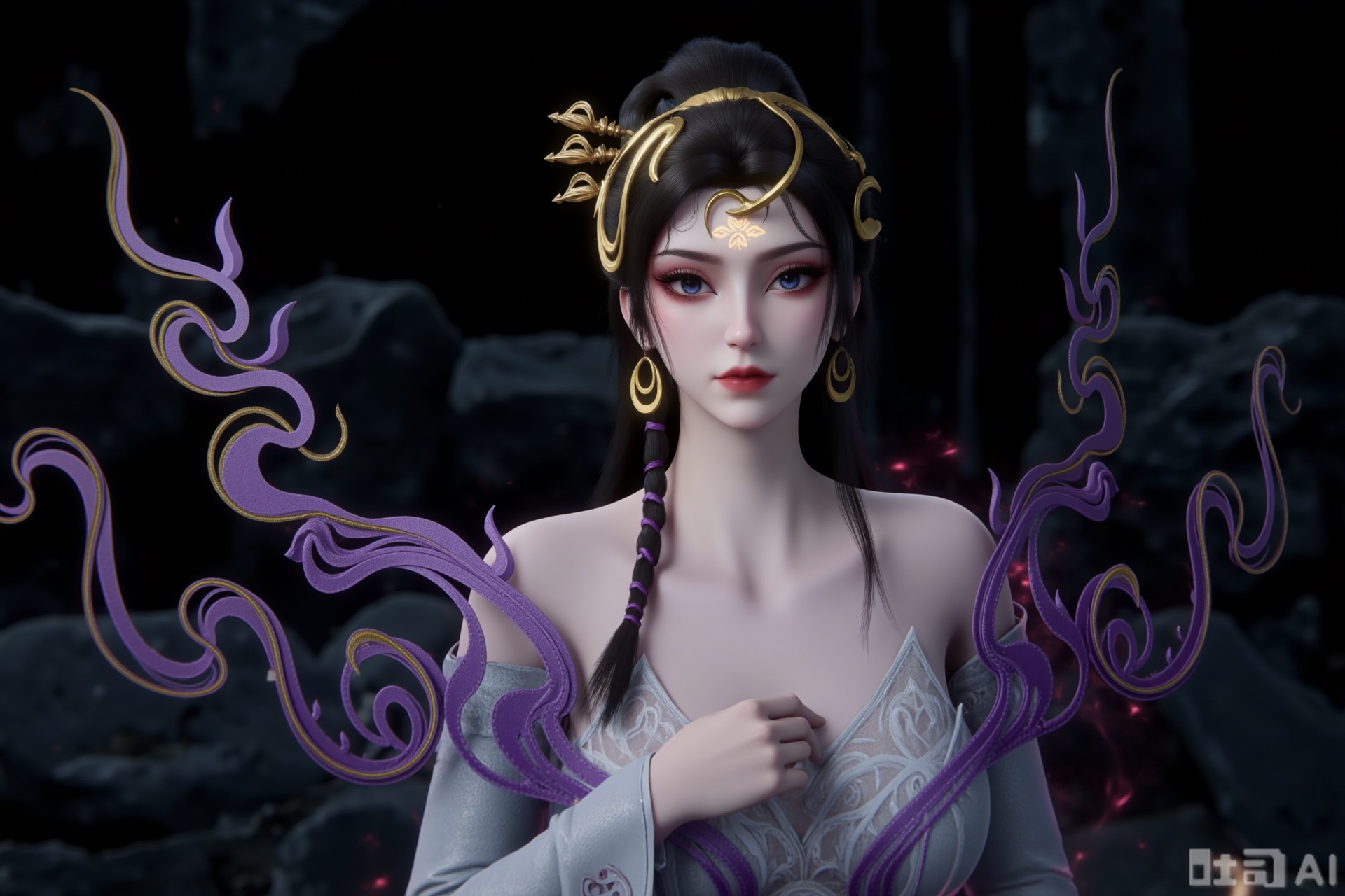 The image depicts a stylized, digitally rendered character with intricate details. The character has long, dark hair styled in an elegant updo, adorned with golden, ornate headpieces that feature swirling patterns. Their face is adorned with subtle makeup, including red lipstick and intricate designs around the eyes. The character is wearing a flowing, light-colored garment with elaborate, swirling patterns in shades of purple and gold. The background is dark and appears to be a rocky or cave-like environment, adding a mystical atmosphere to the scene.,zichu-MJ