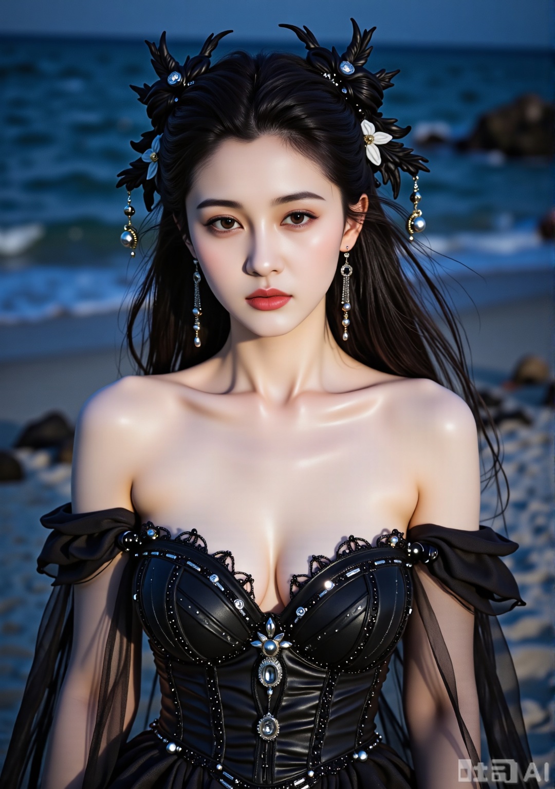 A Chinese girl with an oval face and ancient-style makeup stands on a dreamy tulle-covered beach at night in France. Her b...