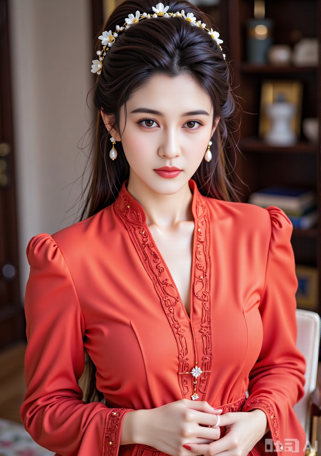 Chinese beautiful host, red professional dress, female host image, full body photo, front full body, hair tied up, perm, half body, delicate facial features, gentle smile, bright eyes, long eyelashes, pearl necklace, exquisite earrings, high-definition picture quality,