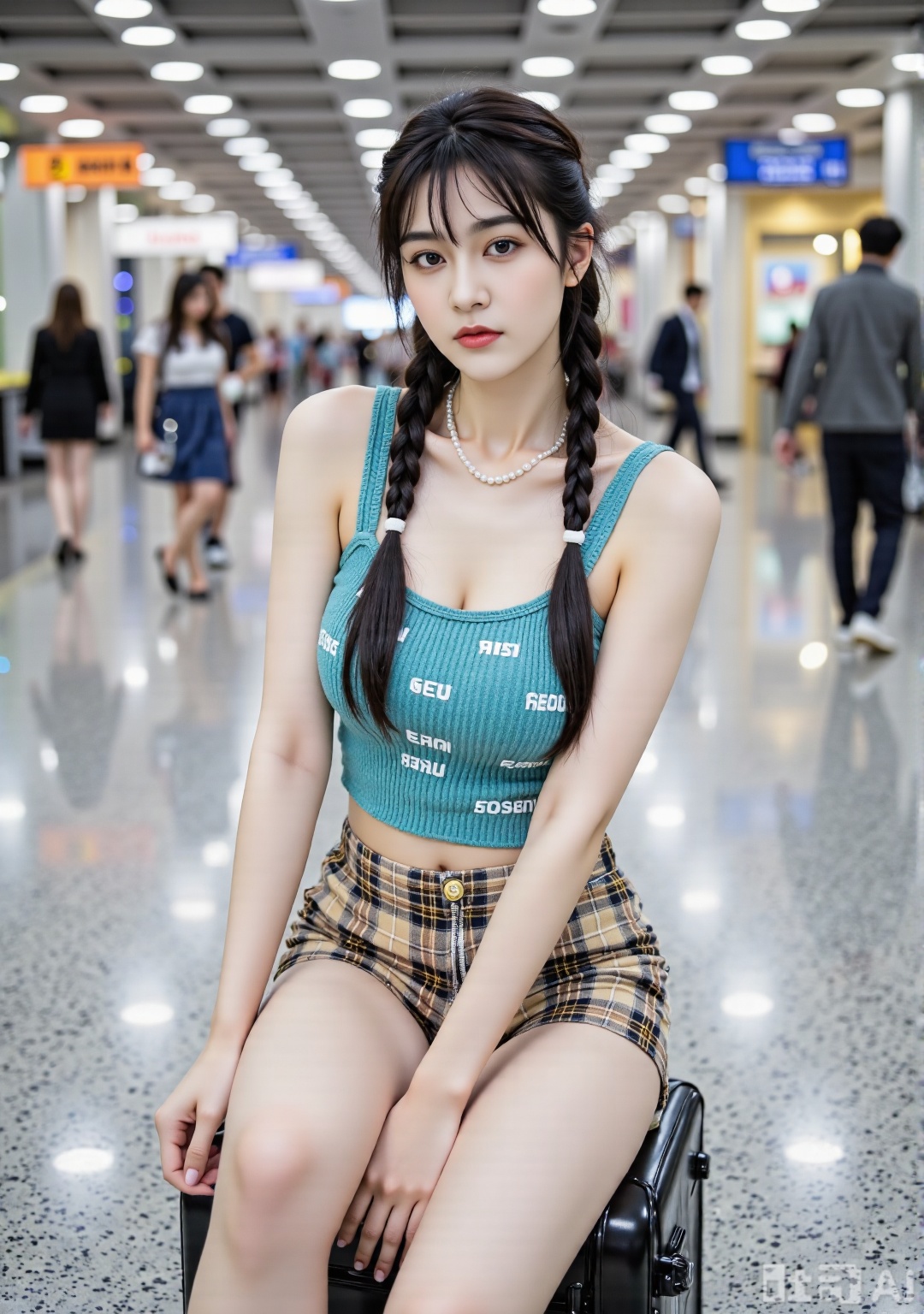 color
 
- Clothing color: Women's outfits show a youthful and fashionable feeling, and the colors are brightly matched. She wore a teal-green knitted suspender vest with white text patterns on her upper body, and the material looked soft and textured. The lower body is matched with a pair of plaid shorts, which are intertwined in brown, black and other colors, giving a retro style. She may have black boots on her feet (partially exposed). Wearing an exquisite pearl necklace around your neck adds elegance.
- Skin color: The skin color of a woman looks healthy and shiny under the reflection of indoor lights, which contrasts with the overall outfit color, making her look more youthful and energetic.
- Environmental Color: The background is an airport hall with many white lights spreading on the ceiling, illuminating the entire space. The ground is grey tiles with spotted textures, surrounded by signs and pedestrians, with blue, orange and other colors on them, creating a busy and modern atmosphere.
 
Composition
 
- The character sits on the suitcase, in the center of the picture. She relaxed her posture, folded her hands on her legs, and looked at the camera, showing a confident and calm temperament. The airport environment in the background adds a sense of life to the picture, and the overall composition highlights the characters' outfits and youthful vitality, conveying a casual and comfortable atmosphere.
 
element
 
- Hairstyle: The hair is combed into two long braids, hanging on the chest, making it look playful and cute, adding a youthful atmosphere to the overall look and complementing the fashionable and casual dressing style.
- Facial makeup: The makeup is fresh and natural, the eyebrows are naturally and smooth, highlighting the three-dimensional feeling of facial features. The eye makeup is elegant, highlighting the brightness and clearness of the eyes. The lip makeup is natural in color, which is in harmony with the overall shape, showing a youthful and energetic temperament.
- Clothing details: The style of the blue-green knitted suspender vest is simple, the short design highlights the waistline, and the white text pattern on it adds to the design sense. The material of plaid shorts is crisp, and the plaid pattern is retro and fashionable, showing youthful vitality. The pearl necklace is exquisite and elegant, and it matches the overall shape, enhancing the overall fashion sense. This outfit is suitable for traveling and other occasions, which is both comfortable and can show youthful fashion and personality.,FFSZ