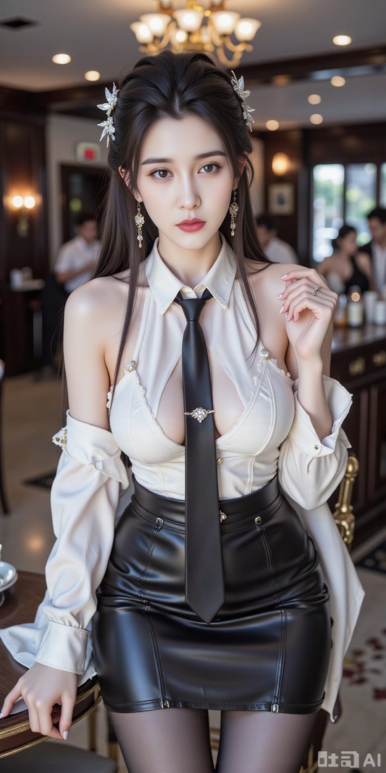1girl,solo,breasts,ld, This is a high-resolution portrait of a modern style, featuring a young woman, 1girl, solo, pantyhose, skirt, necktie, shirt, looking at viewer, jewelry, earrings, long hair, realistic, white shirt, red lips, breasts, black hair, indoors, pencil skirt, sleeves past wrists, long sleeves, chandelier, bar \(place\), asian, black skirt, pointy earsshiny pantyhose