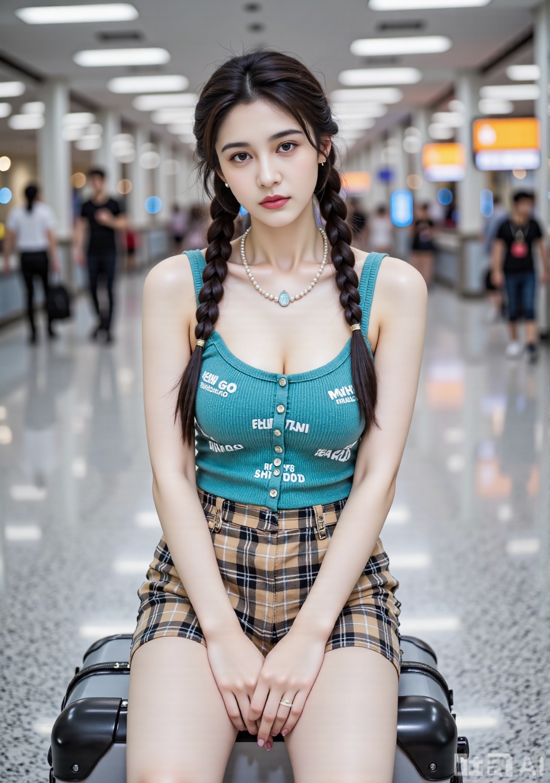 color
 
- Clothing color: Women's outfits show a youthful and fashionable feeling, and the colors are brightly matched. She wore a teal-green knitted suspender vest with white text patterns on her upper body, and the material looked soft and textured. The lower body is matched with a pair of plaid shorts, which are intertwined in brown, black and other colors, giving a retro style. She may have black boots on her feet (partially exposed). Wearing an exquisite pearl necklace around your neck adds elegance.
- Skin color: The skin color of a woman looks healthy and shiny under the reflection of indoor lights, which contrasts with the overall outfit color, making her look more youthful and energetic.
- Environmental Color: The background is an airport hall with many white lights spreading on the ceiling, illuminating the entire space. The ground is grey tiles with spotted textures, surrounded by signs and pedestrians, with blue, orange and other colors on them, creating a busy and modern atmosphere.
 
Composition
 
- The character sits on the suitcase, in the center of the picture. She relaxed her posture, folded her hands on her legs, and looked at the camera, showing a confident and calm temperament. The airport environment in the background adds a sense of life to the picture, and the overall composition highlights the characters' outfits and youthful vitality, conveying a casual and comfortable atmosphere.
 
element
 
- Hairstyle: The hair is combed into two long braids, hanging on the chest, making it look playful and cute, adding a youthful atmosphere to the overall look and complementing the fashionable and casual dressing style.
- Facial makeup: The makeup is fresh and natural, the eyebrows are naturally and smooth, highlighting the three-dimensional feeling of facial features. The eye makeup is elegant, highlighting the brightness and clearness of the eyes. The lip makeup is natural in color, which is in harmony with the overall shape, showing a youthful and energetic temperament.
- Clothing details: The style of the blue-green knitted suspender vest is simple, the short design highlights the waistline, and the white text pattern on it adds to the design sense. The material of plaid shorts is crisp, and the plaid pattern is retro and fashionable, showing youthful vitality. The pearl necklace is exquisite and elegant, and it matches the overall shape, enhancing the overall fashion sense. This outfit is suitable for traveling and other occasions, which is both comfortable and can show youthful fashion and personality.,FFSZ