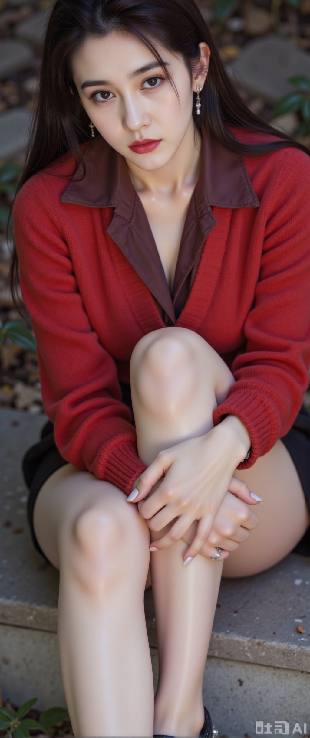 A solo girl with a foot focus, showcasing shiny skin, wearing a pencil skirt, set against a blurred background. The scene captures her sitting, with feet, legs, and shoes in view. She has long brunette hair, looking at the audience with dark brown eyes, single eyelid, red lips, and nail polish. She is wearing a red sweater and a shirt underneath, outdoors, from a below perspective. The image is realistic with a focus on shiny skin and details, emphasizing her delicate features and attire.