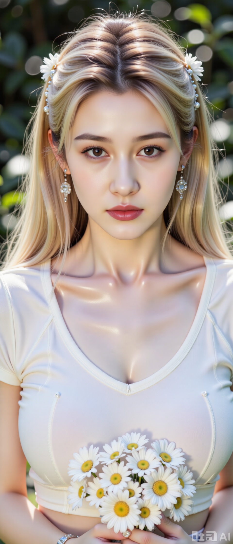 Close-up shot in 8K resolution. A young woman with long blonde hair, wet and glistening, holds a bouquet of white daisies in her left hand. Her right arm rests on her chest, wearing a white t-shirt . Background blurred, suggesting a sunny day.