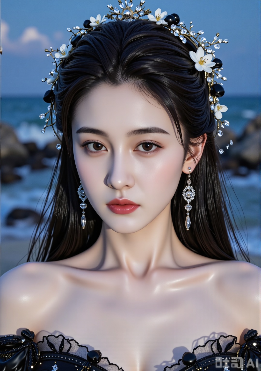 Chinese girl, oval face, ancient style makeup, extremely detailed portrayal, big eyes, lively eyes, delicate appearance, medium-length hair, long hair blown away by the sea breeze, a trace of hanging to her mouth, perfect and slender tall figure, cold white skin, ink black high-end wedding dress, cold makeup, high-quality temperament, charming, sexy and seductive, exaggerated design, dreamy tulle picture with slight flashes at the seaside in France at night, various cute poses, various clothing styles, various hairstyles, HD real master making, HD real person, close-up shot