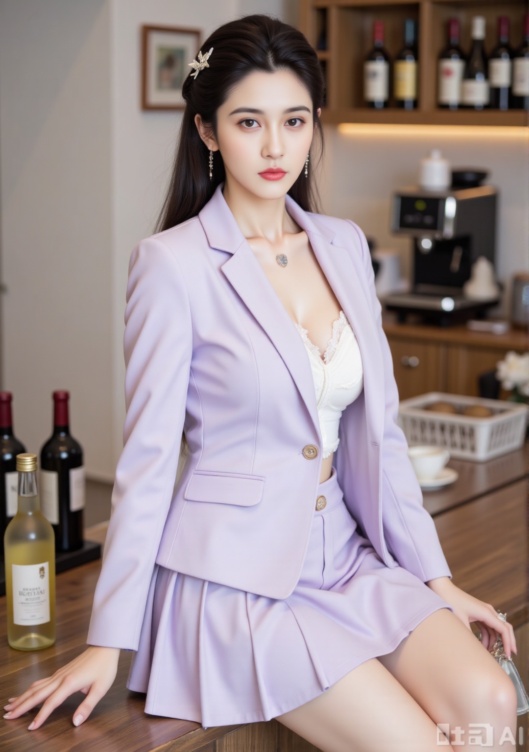 The image shows a woman wearing a lavender suit consisting of a blazer and a matching skirt. She is seated on a wooden counter in what appears to be a modern, well-lit interior, possibly a café or a lounge. Behind her, there are several wine bottles and a coffee machine, suggesting a setting that could be a café or a lounge. The woman is accessorized with a necklace and earrings, and she is holding a small white handbag.