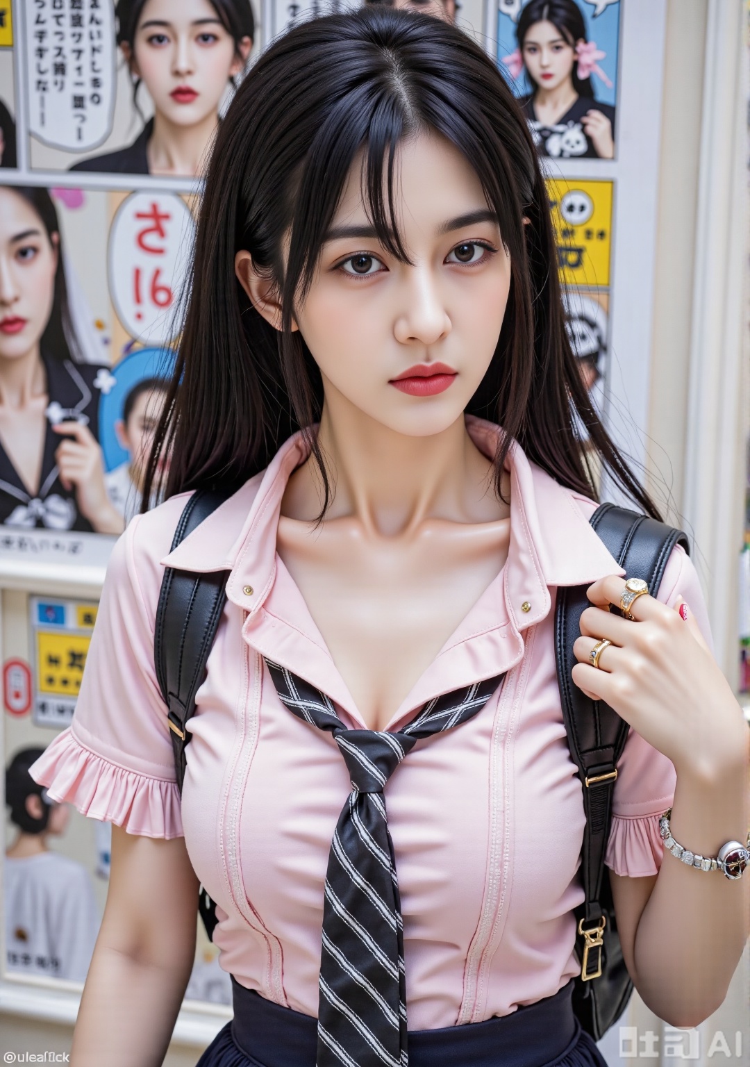 Photo photography, One Piece Nami Cosplay has a distinct image. She has long black hair, which naturally hangs down, and her hair is soft and shiny. Wearing a pink short-sleeved shirt, the neckline is a playful lapel design, cute pleats on the cuffs, paired with a dark skirt, a black backpack on the shoulders, and a black and white striped tie on the chest, adding to the academic style. There are simple bracelets and bracelets on the wrist. Use delicate brushstrokes to portray the details of the characters' hair (such as natural drapes, layering of hair), the fabric of the shirt (soft pink, delicate pleats), the texture of the tie (clear black and white stripes, texture of the fabric), the tailoring of the short skirt (dark crispness, lines of the skirt), the simplicity of the accessories (the style of the bracelet and bracelet, the details of the backpack), and the elements of the background comics (the comic pictures, text and character images of the black and white lines), creating a youthful, lively, and two-dimensional atmosphere. Lens aesthetics, film texture, high-end sense, master-level works, capture details with close-up shots, showing the high-end sense of film-level healing, high-end sense, award-winning works, 8K ultra-high-definition picture quality, 8K delicate real-person skin texture, exquisite and delicate, rich details, cool tones, lens aesthetics, film texture, high-end sense, perfect quality, master-level works, 35mm1.4f shooting.