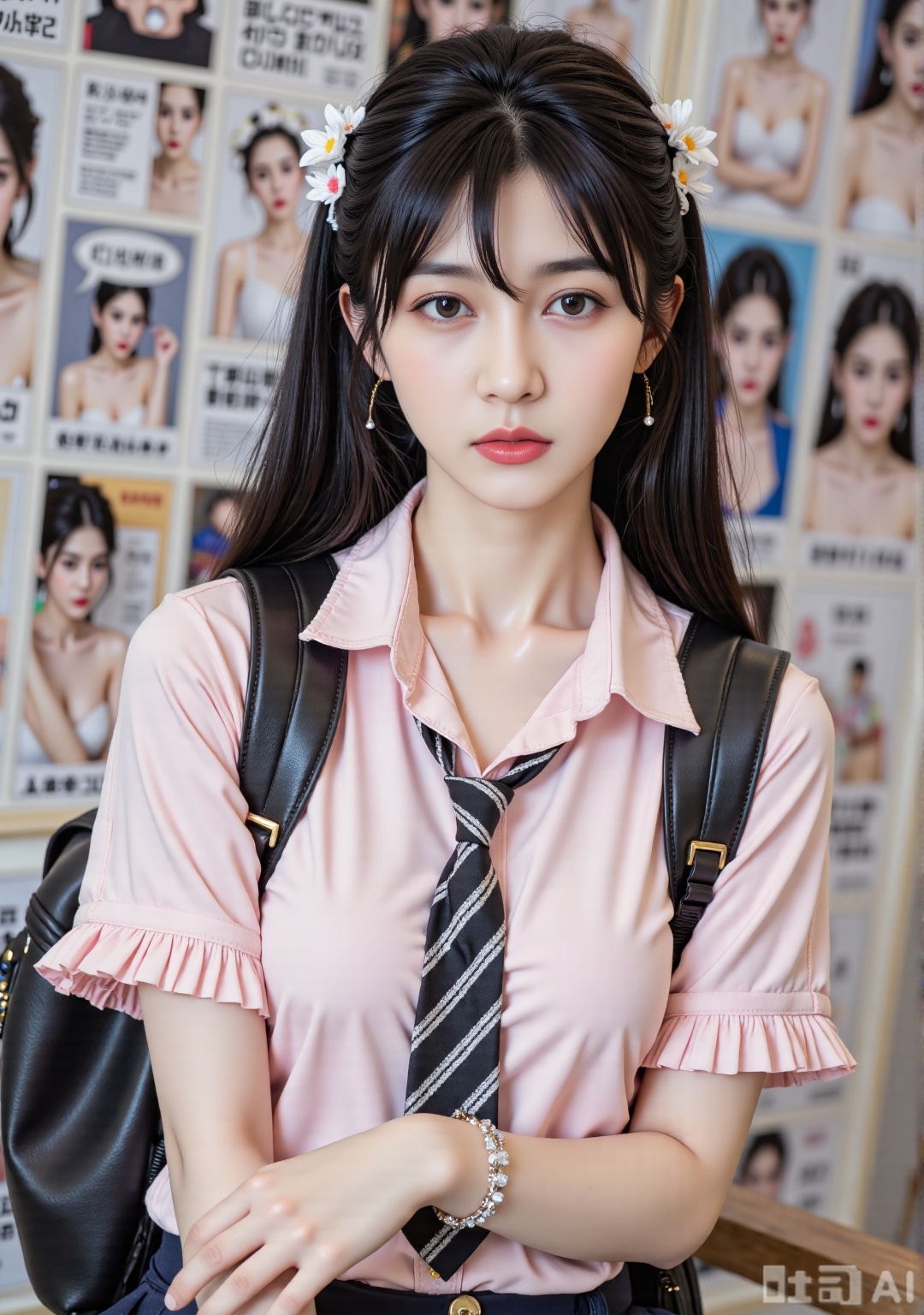 Photo photography, One Piece Nami Cosplay has a distinct image. She has long black hair, which naturally hangs down, and her hair is soft and shiny. Wearing a pink short-sleeved shirt, the neckline is a playful lapel design, cute pleats on the cuffs, paired with a dark skirt, a black backpack on the shoulders, and a black and white striped tie on the chest, adding to the academic style. There are simple bracelets and bracelets on the wrist. Use delicate brushstrokes to portray the details of the characters' hair (such as natural drapes, layering of hair), the fabric of the shirt (soft pink, delicate pleats), the texture of the tie (clear black and white stripes, texture of the fabric), the tailoring of the short skirt (dark crispness, lines of the skirt), the simplicity of the accessories (the style of the bracelet and bracelet, the details of the backpack), and the elements of the background comics (the comic pictures, text and character images of the black and white lines), creating a youthful, lively, and two-dimensional atmosphere. Lens aesthetics, film texture, high-end sense, master-level works, capture details with close-up shots, showing the high-end sense of film-level healing, high-end sense, award-winning works, 8K ultra-high-definition picture quality, 8K delicate real-person skin texture, exquisite and delicate, rich details, cool tones, lens aesthetics, film texture, high-end sense, perfect quality, master-level works, 35mm1.4f shooting.