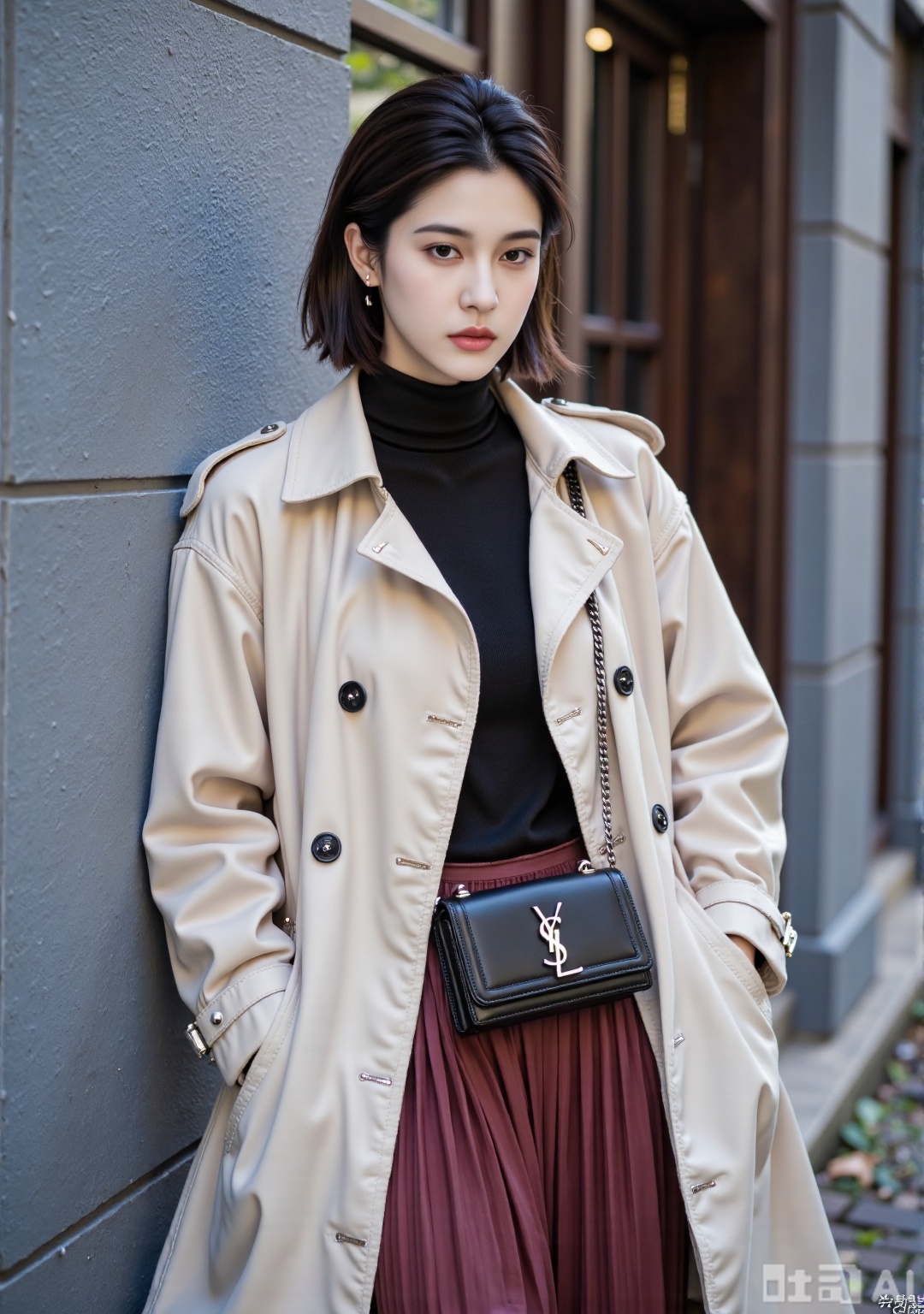 "Short-haired women have exquisite makeup, black sweater, beige double-breasted windbreaker (metal cuffs/eavesaw details), wine red pleated long skirt, cross-body YSL black chain bag. The body leans against the gray-blue wall, dark brown door frame cuts the background space. The cool street shooting highlights the windbreaker clever pleated and wrinkled and bag Y-shaped metal logo, color is neutral gray/burgundy red/cream white high-end collision --no text"
