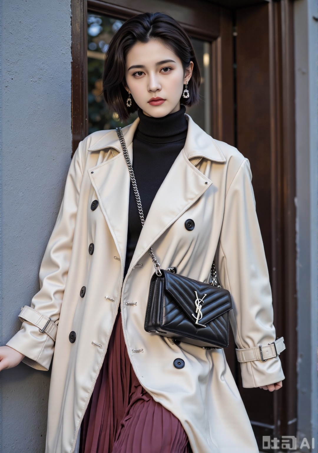 "Short-haired women have exquisite makeup, black sweater, beige double-breasted windbreaker (metal cuffs/eavesaw details), wine red pleated long skirt, cross-body YSL black chain bag. The body leans against the gray-blue wall, dark brown door frame cuts the background space. The cool street shooting highlights the windbreaker clever pleated and wrinkled and bag Y-shaped metal logo, color is neutral gray/burgundy red/cream white high-end collision --no text"