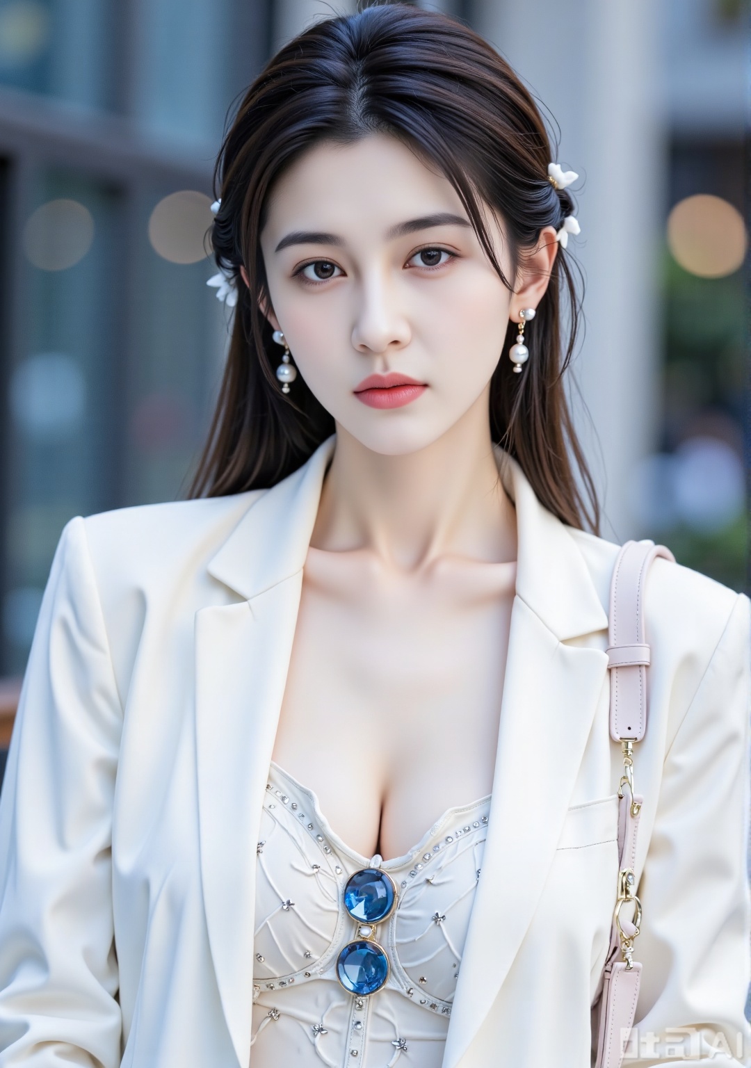 A capable short-haired woman with dark brown ear-length short hair is neat and stylish, wearing a pure white slim suit jacket and a light-colored starry sky pattern top inside. Blue lenses hanging on the chest are used as finishing touch accessories, and light pink strap bags are cross-body on the right shoulder. The character adopts a gaze with a side head, with a calm and focused look. The background is blurred with blue and gray tones to form a contrast between cold and warm colors. The overall composition highlights the upper body of the characters, and the pictures are properly blank, creating an image of an urban elite woman with a sense of professionalism and fashion. (It is recommended to add keywords such as "soft focus background treatment" and "business and casual style", which can add image quality descriptions such as "4K high-definition texture" and "natural light effect" to improve the fineness of the picture)
