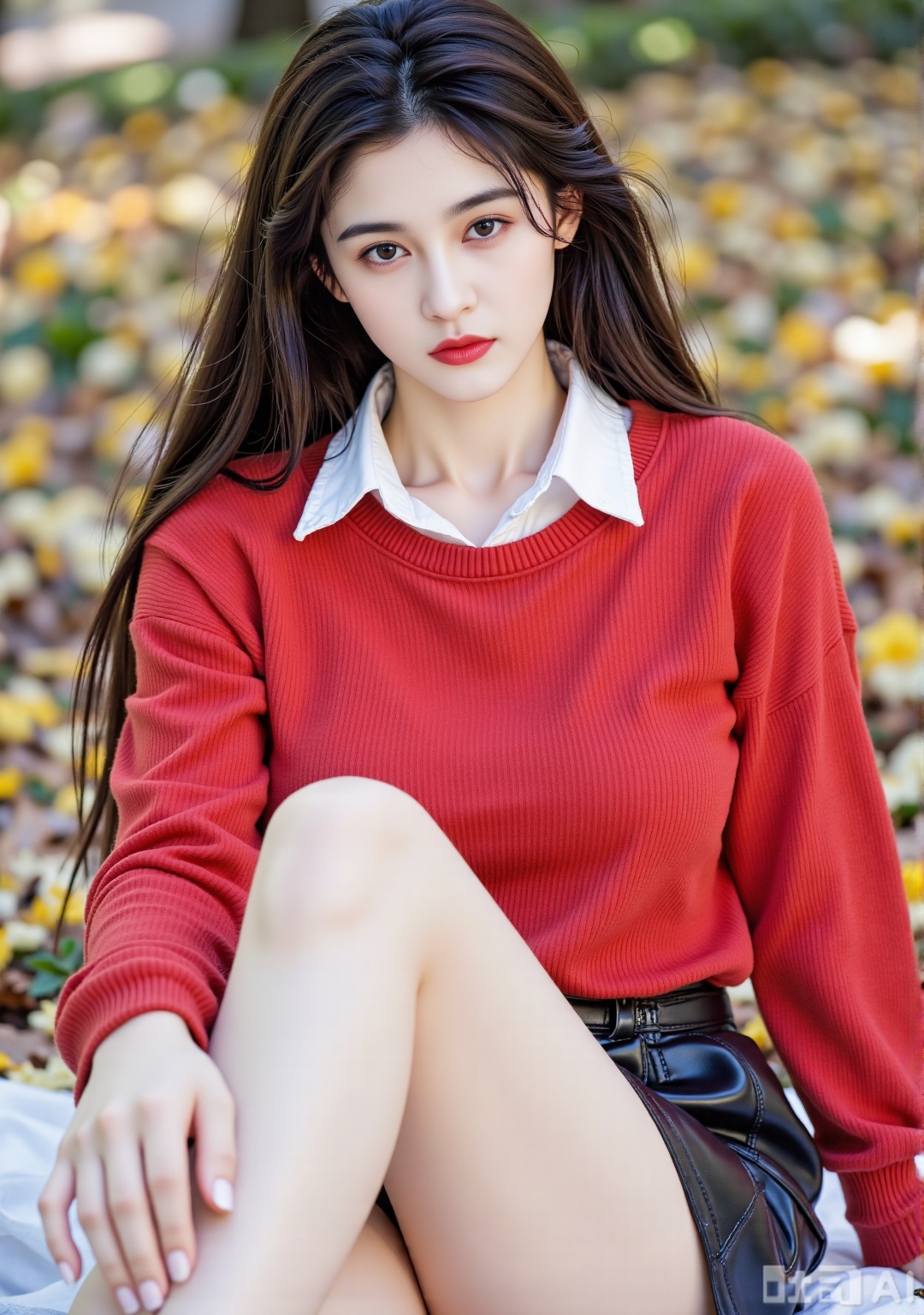 A solo girl with a foot focus, showcasing shiny skin, wearing a pencil skirt, set against a blurred background. The scene captures her sitting, with feet, legs, and shoes in view. She has long brunette hair, looking at the audience with dark brown eyes, single eyelid, red lips, and nail polish. She is wearing a red sweater and a shirt underneath, outdoors, from a below perspective. The image is realistic with a focus on shiny skin and details, emphasizing her delicate features and attire.