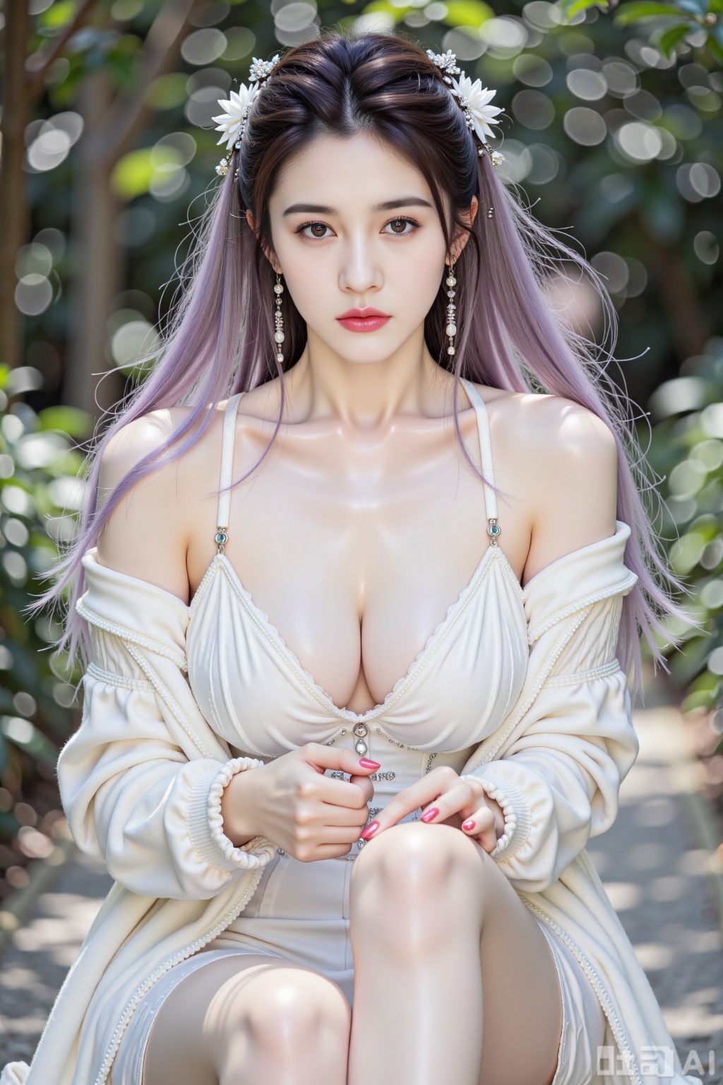 A solo girl focusing on her feet,  sitting outdoors. Her shiny skin,  long purple hair by 凡夫俗子 on Tensor.Art