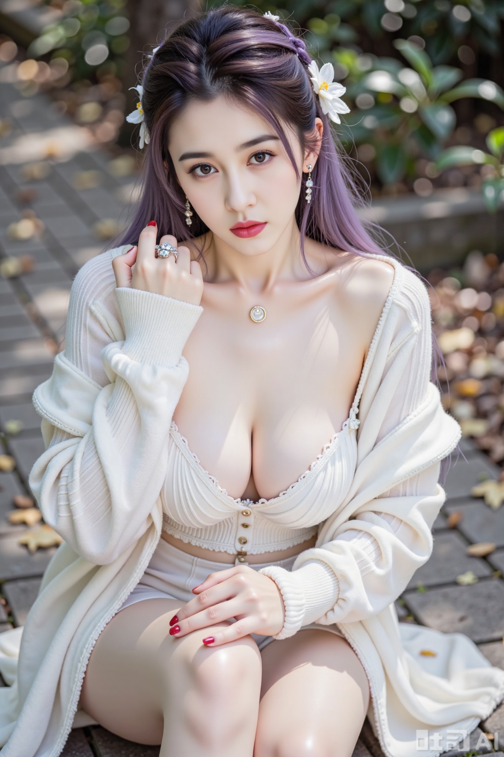 A solo girl focusing on her feet,  sitting outdoors. Her shiny skin,  long purple hair on Tensor.Art
