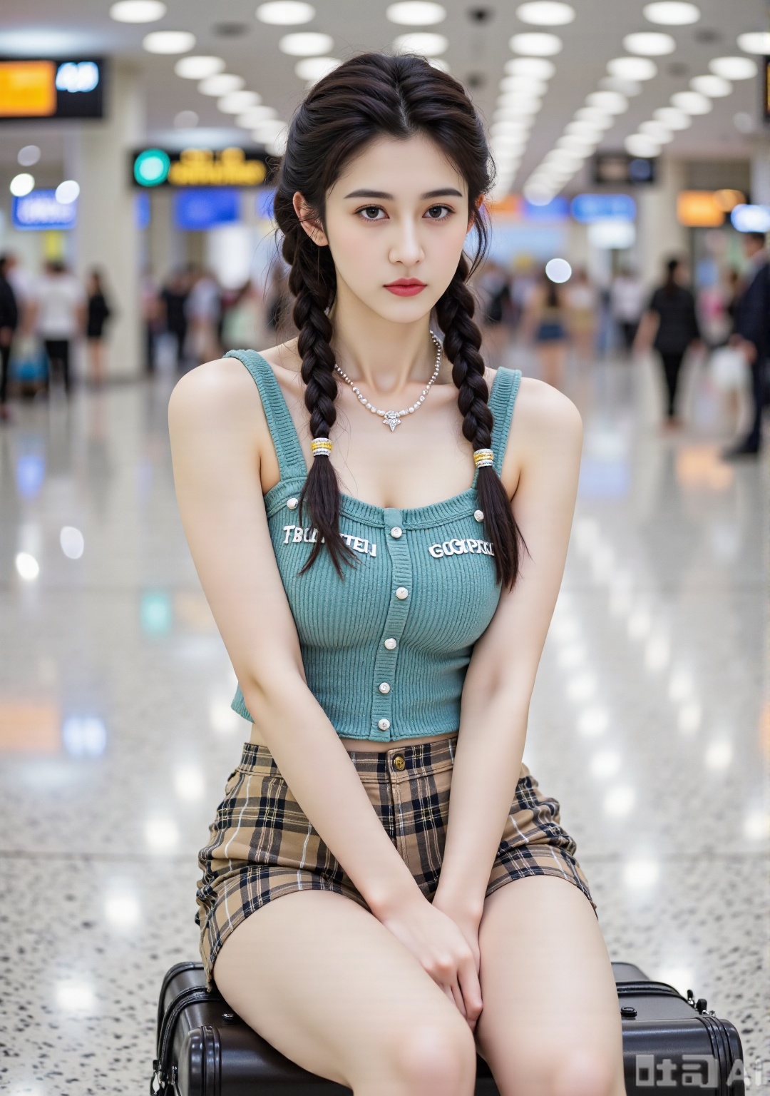color
 
- Clothing color: Women's outfits show a youthful and fashionable feeling, and the colors are brightly matched. She wore a teal-green knitted suspender vest with white text patterns on her upper body, and the material looked soft and textured. The lower body is matched with a pair of plaid shorts, which are intertwined in brown, black and other colors, giving a retro style. She may have black boots on her feet (partially exposed). Wearing an exquisite pearl necklace around your neck adds elegance.
- Skin color: The skin color of a woman looks healthy and shiny under the reflection of indoor lights, which contrasts with the overall outfit color, making her look more youthful and energetic.
- Environmental Color: The background is an airport hall with many white lights spreading on the ceiling, illuminating the entire space. The ground is grey tiles with spotted textures, surrounded by signs and pedestrians, with blue, orange and other colors on them, creating a busy and modern atmosphere.
 
Composition
 
- The character sits on the suitcase, in the center of the picture. She relaxed her posture, folded her hands on her legs, and looked at the camera, showing a confident and calm temperament. The airport environment in the background adds a sense of life to the picture, and the overall composition highlights the characters' outfits and youthful vitality, conveying a casual and comfortable atmosphere.
 
element
 
- Hairstyle: The hair is combed into two long braids, hanging on the chest, making it look playful and cute, adding a youthful atmosphere to the overall look and complementing the fashionable and casual dressing style.
- Facial makeup: The makeup is fresh and natural, the eyebrows are naturally and smooth, highlighting the three-dimensional feeling of facial features. The eye makeup is elegant, highlighting the brightness and clearness of the eyes. The lip makeup is natural in color, which is in harmony with the overall shape, showing a youthful and energetic temperament.
- Clothing details: The style of the blue-green knitted suspender vest is simple, the short design highlights the waistline, and the white text pattern on it adds to the design sense. The material of plaid shorts is crisp, and the plaid pattern is retro and fashionable, showing youthful vitality. The pearl necklace is exquisite and elegant, and it matches the overall shape, enhancing the overall fashion sense. This outfit is suitable for traveling and other occasions, which is both comfortable and can show youthful fashion and personality.,FFSZ