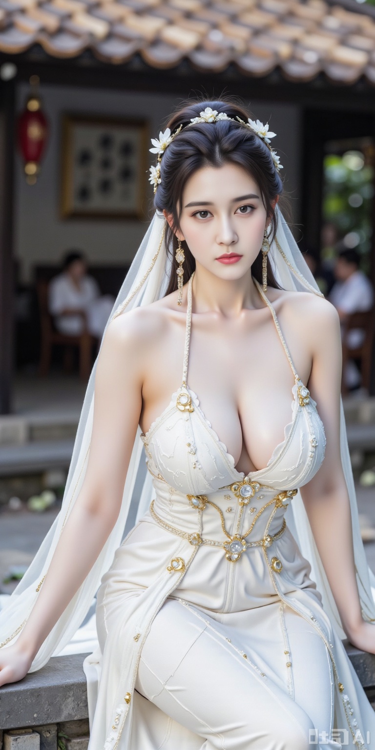The image is a portrait of a young woman wearing a traditional Chinese wedding dress. She is sitting on a stone ledge with...