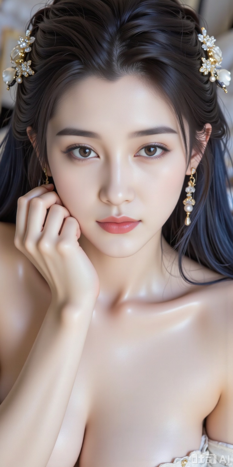 A beautiful woman with fair skin and long wavy blue hair lies down with her eyes closed and a serene smile. She wears red...