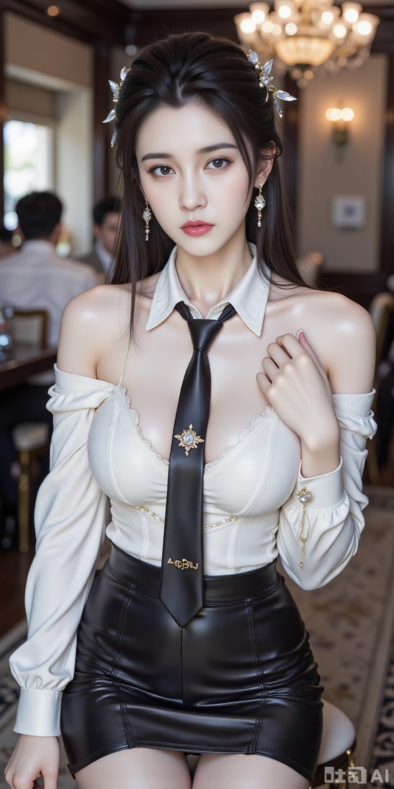 1girl,solo,breasts,ld, This is a high-resolution portrait of a modern style, featuring a young woman, 1girl, solo, pantyhose, skirt, necktie, shirt, looking at viewer, jewelry, earrings, long hair, realistic, white shirt, red lips, breasts, black hair, indoors, pencil skirt, sleeves past wrists, long sleeves, chandelier, bar \(place\), asian, black skirt, pointy earsshiny pantyhose