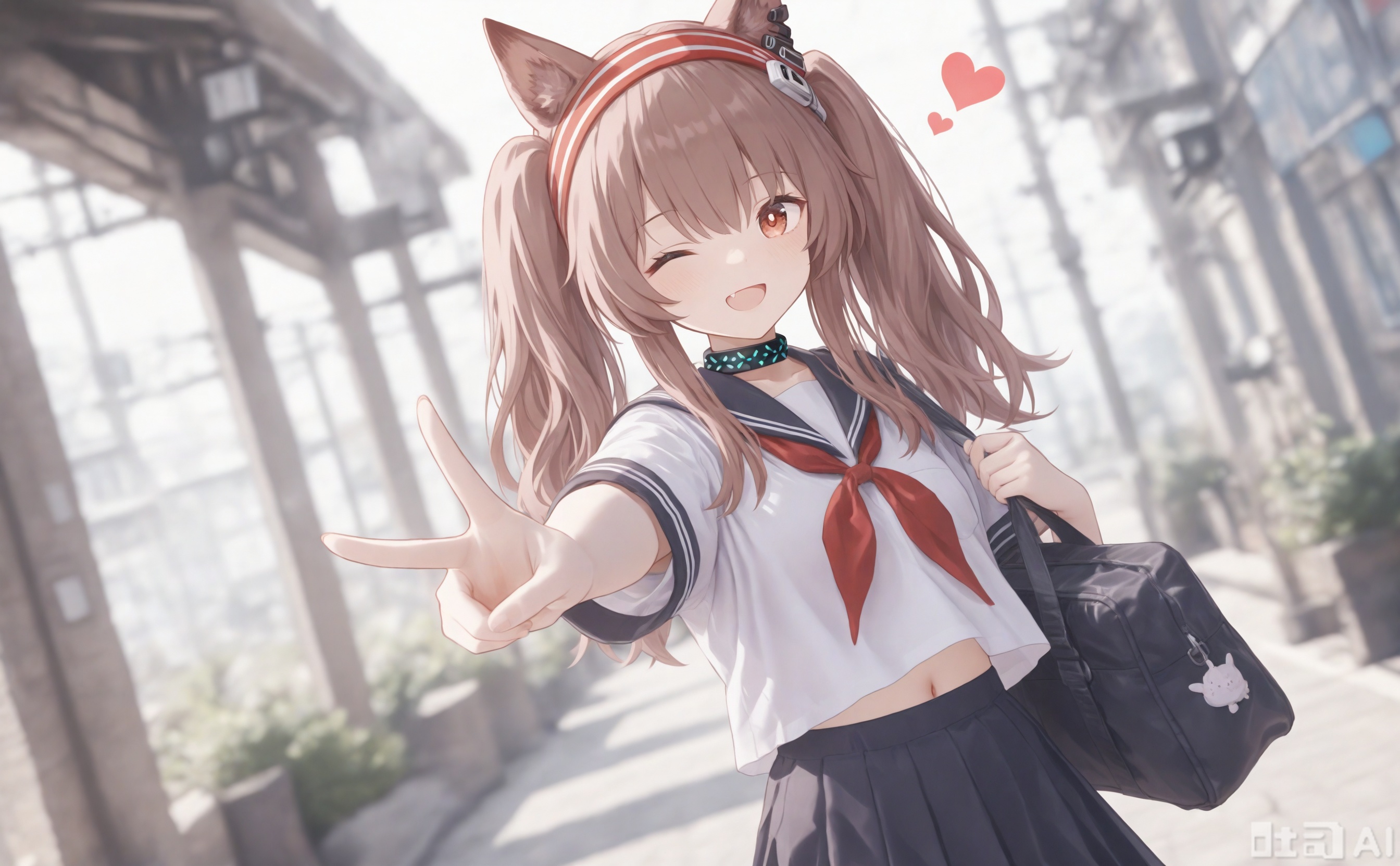 1girl, solo, long hair, looking at viewer, smile, open mouth, skirt, brown hair, shirt, red eyes, navel, animal ears, twintails, brown eyes, school uniform, white shirt, short sleeves, heart, cowboy shot, pleated skirt, hairband, one eye closed, serafuku, alternate costume, choker, fang, midriff, miniskirt, black skirt, sailor collar, bag, collar, neckerchief, fox ears, dutch angle, v, ;d, red neckerchief, black sailor collar, school bag, shoulder bag, red hairband, black collar, infection monitor \(arknights\), black bag, earpiece, angelina \(arknights\)