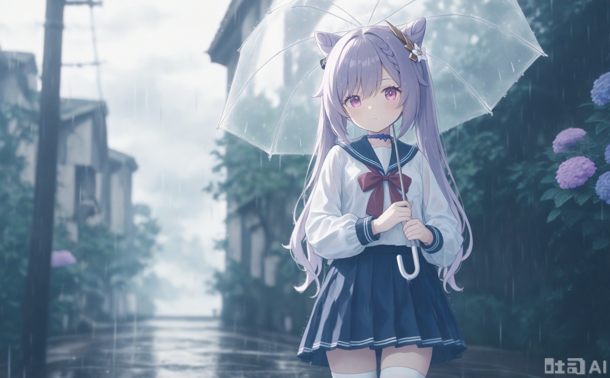 1girl, solo, long hair, looking at viewer, bangs, skirt, shirt, hair ornament, thighhighs, long sleeves, bow, holding, twintails, closed mouth, school uniform, standing, purple eyes, white shirt, purple hair, braid, pleated skirt, outdoors, serafuku, alternate costume, choker, sailor collar, hair bun, blurry, white thighhighs, blue skirt, zettai ryouiki, double bun, umbrella, blue sailor collar, rain, holding umbrella, cone hair bun, transparent, transparent umbrella, keqing \(genshin impact\)
