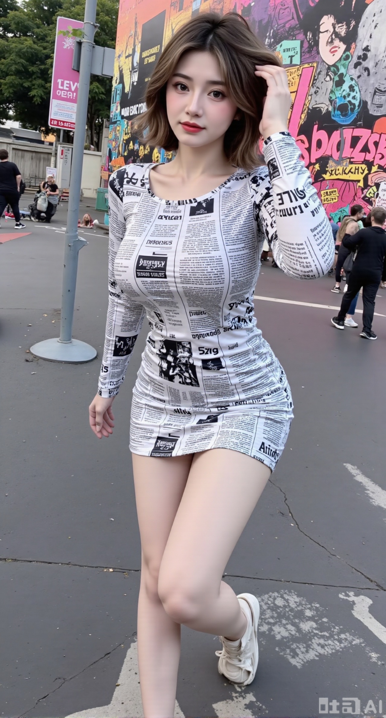 (masterpiece,best quality:1.23)A girl with a perfect figure, wearing a long - sleeved U - neck body - hugging dress printed with newspaper patterns, stands in front of a graffiti wall in a trendy neighborhood. One hand hangs naturally, the other gently tousles her hair, and she slightly turns sideways to show her confident style. The background is a colorful and creative graffiti with pedestrians coming and going,(huge breasts, full breasts:2.68)
Negative prompt: 
Steps: 30,Size: 768x1024,Seed: -1,Model: X报纸印花包臀裙,Sampler: Euler,useLcm: false,CFG scale: 3.5,Clip skip: undefined,,Xbaozhiyinhuaqun,Xchenshanshuiyi