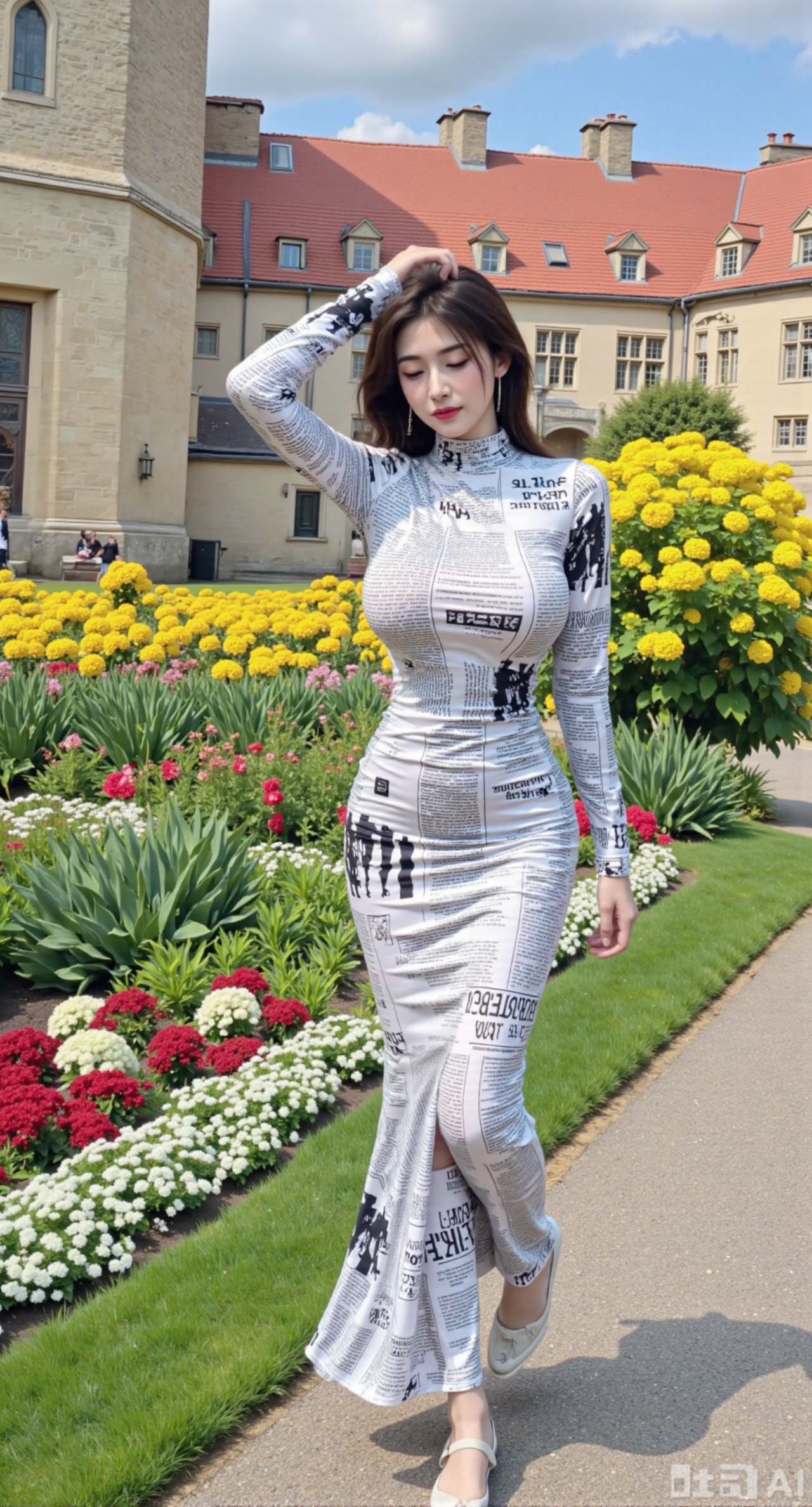(masterpiece,best quality:1.23),A girl with an outstanding figure, wearing a long - sleeved U - neck body - hugging dress printed with newspaper patterns, strolls among the flowers in the garden of an ancient castle, occasionally lowering her head to smell the fragrance of the flowers. The background is the ancient buildings of the castle and colorful flowers,(huge breasts, full breasts:2.99),,Xbaozhiyinhuaqun,Xchenshanshuiyi