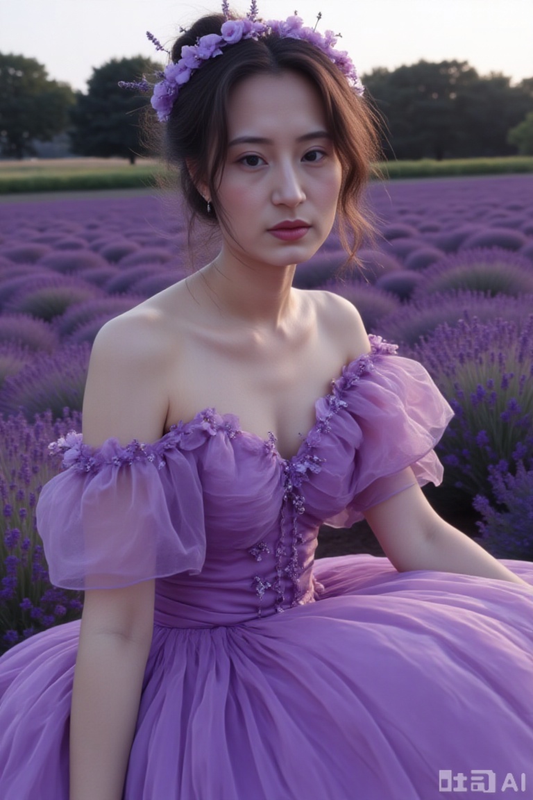 Full-body photograph of an woman with short hair,wearing a purple off-the-shoulder evening gown and sitting in a lavender field,with a purple ambient lighting. She has exquisite makeup on her face,soft lighting,high-definition photography,and a cinematic feel. Her facial expressions are delicate and elegant,Fashion photography,
