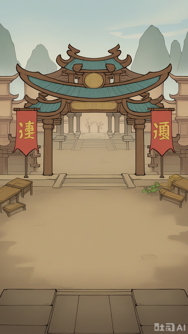 ashyh,The image is a digital illustration of a traditional Chinese temple entrance. The entrance is made of wood and has a wooden archway with a blue roof. The archway is flanked by two wooden pillars on either side. On either side of the archway,there are two red banners with Chinese characters on them. The ground is covered in dirt and there are a few wooden benches and tables scattered around the entrance. In the background,there is a mountain range and a blue sky. The overall color scheme of the image is warm and earthy,with shades of brown,green,and yellow.,