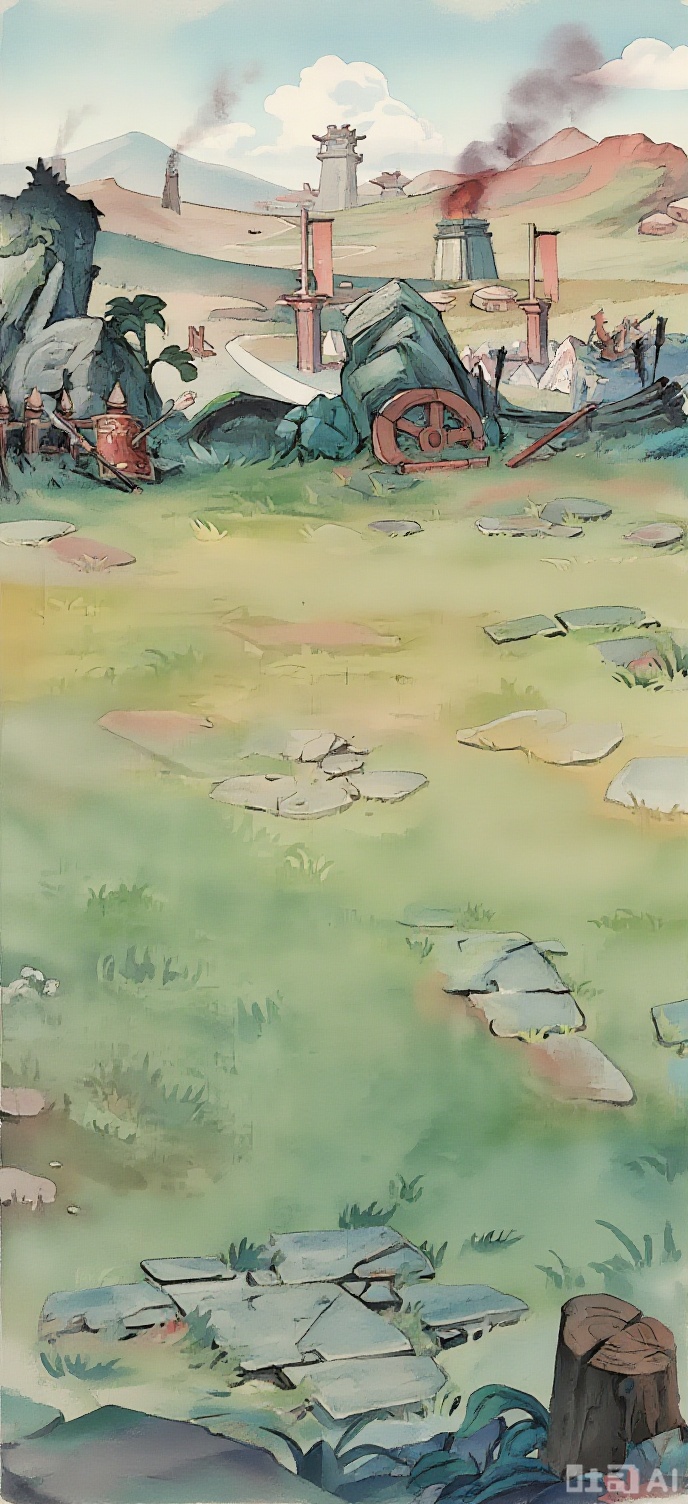 Use the original image as the base composition. Transform the visual style into a colorful Chinese ink-wash painting scene. Apply expressive brushstroke outlines and ink-edged contours to all objects. Incorporate flowing ink textures, water-bleed effects, and layered brushwork. Replace detailed realism with stylized landscapes—mountains, rivers, clouds, trees—with visible ink outlines and watercolor blending. Emphasize rich chromatic washes in indigo, jade green, vermilion, and soft ochre. Avoid monochrome; the result should resemble a vivid, dynamic ink painting with game-ready composition and traditional Eastern aesthetics.