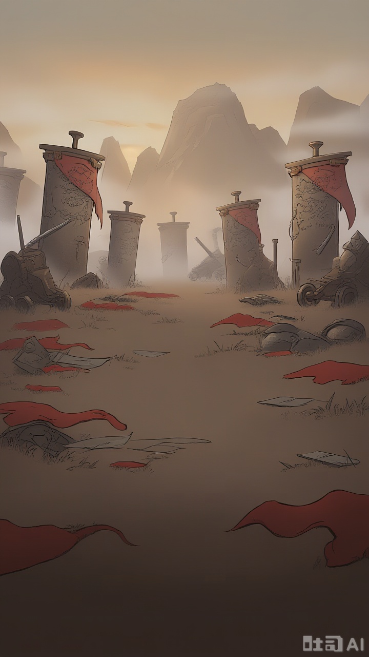 A battlefield site after the baptism of war, the ground is covered with broken shields and blades, the grass is blown by the wind with broken military flags, the bright red looks particularly solemn in the setting sun, the background of the scene is a desolate mountain, the mountains are filled with shallow fog, as if to cover up the past of the battlefield, surrounded by ancient chariots and giant shield pillars carved with beast patterns, marking the bravery of the ancient generals, players can feel the peace and solemn and stirring after the war, while picking up scattered weapons or exploring lost trophies,