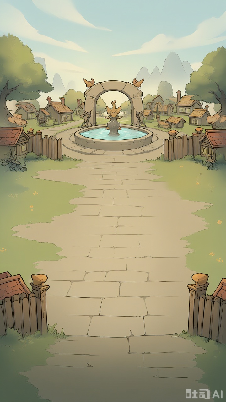The image is a digital illustration of a beautiful landscape with a stone pathway leading to a small village. The pathway is lined with trees and shrubs, and there are two wooden gates on either side. On the left side of the pathway, there is a small wooden house with a red roof and a chimney, and on the right side, there are several smaller houses with wooden roofs and chimneys. In the center of the image, there appears to be a fountain with a statue of a bird perched on top. The fountain is surrounded by a stone archway and there is an archway in the background. The sky is blue with white clouds, and the mountains can be seen in the distance. The overall color scheme of the illustration is warm and inviting, with shades of green, brown, and yellow.