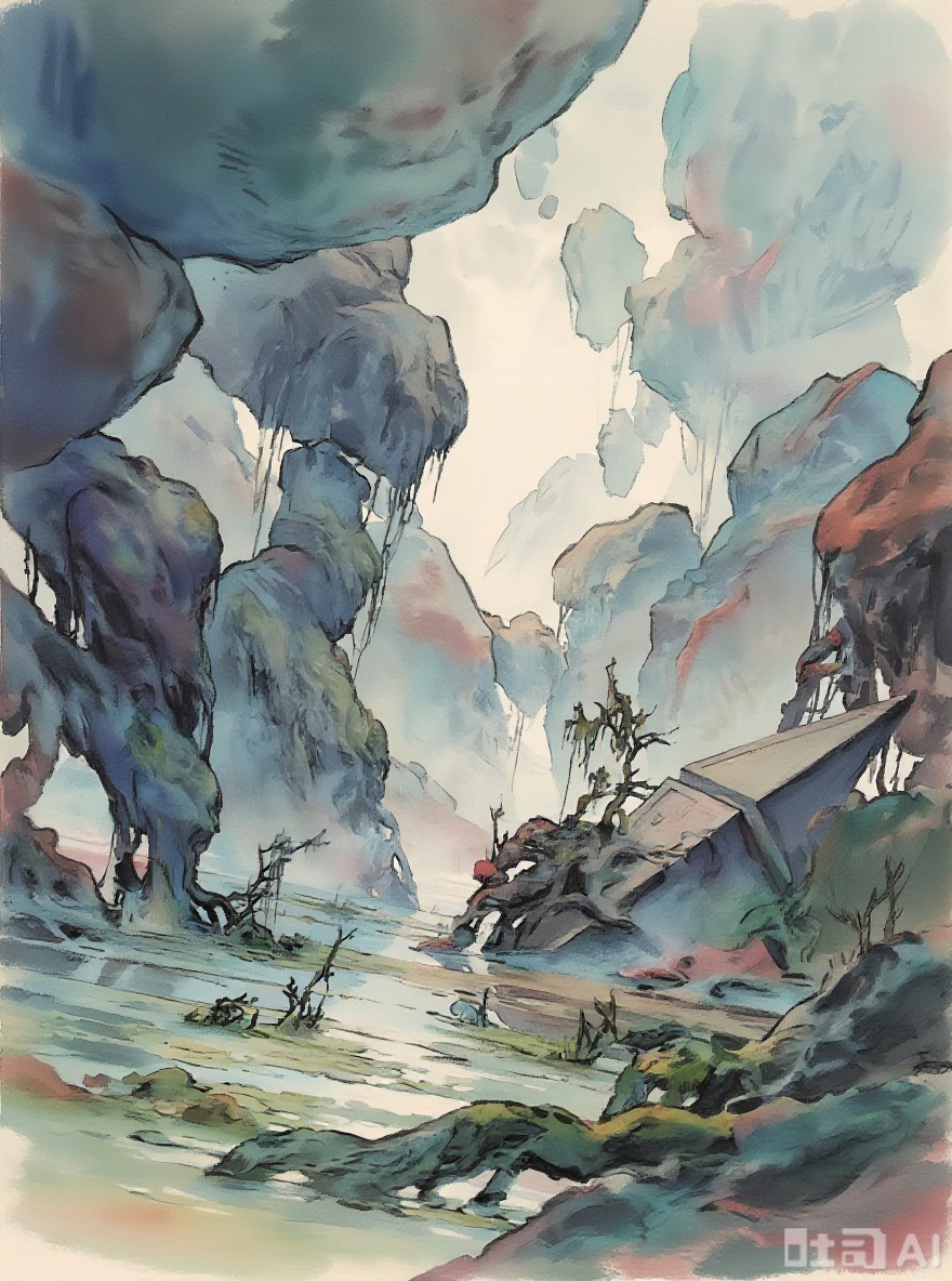 Use the original image as the base composition. Transform the visual style into a colorful Chinese ink-wash painting scene. Apply expressive brushstroke outlines and ink-edged contours to all objects. Incorporate flowing ink textures, water-bleed effects, and layered brushwork. Replace detailed realism with stylized landscapes—mountains, rivers, clouds, trees—with visible ink outlines and watercolor blending. Emphasize rich chromatic washes in indigo, jade green, vermilion, and soft ochre. Avoid monochrome; the result should resemble a vivid, dynamic ink painting with game-ready composition and traditional Eastern aesthetics.