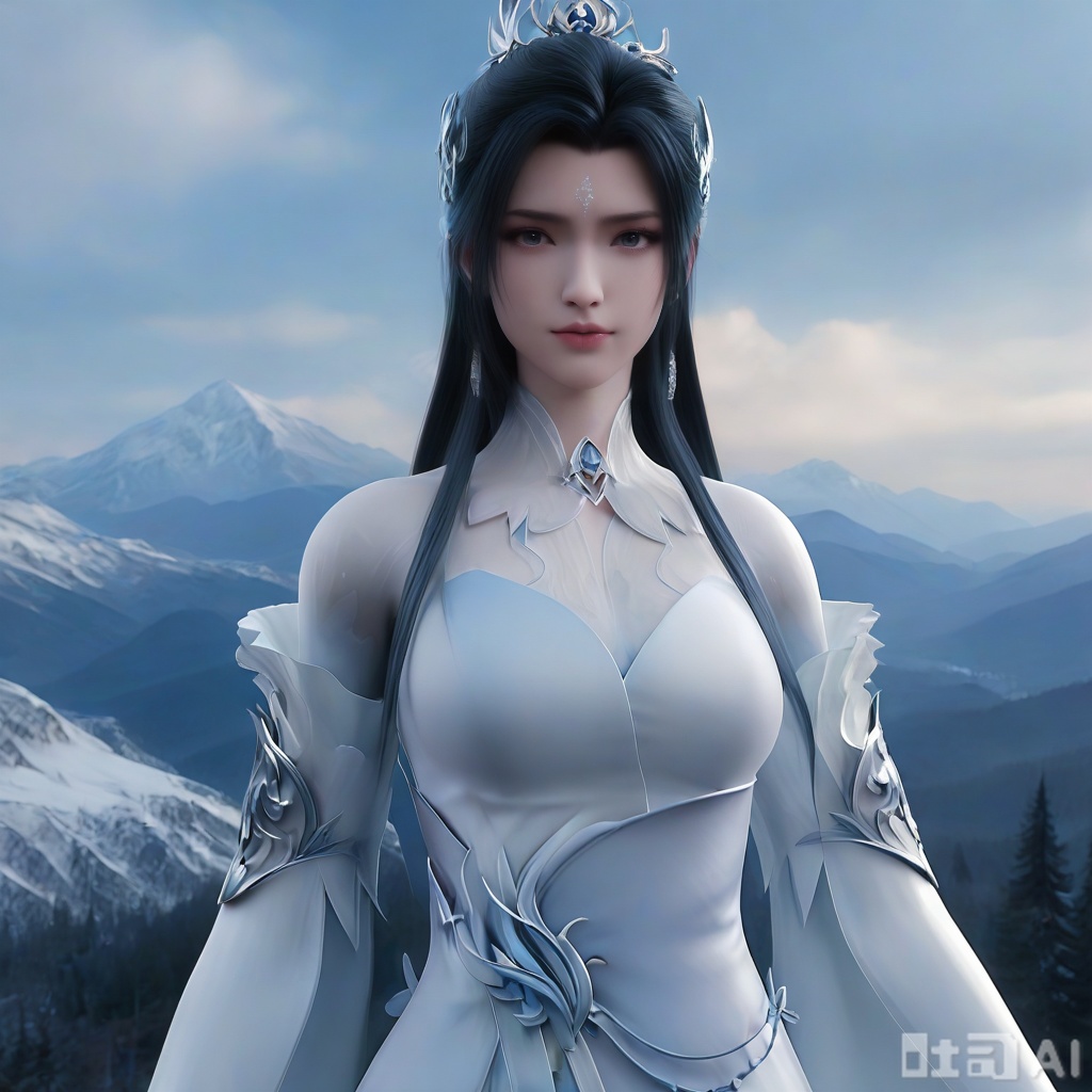 masterpiece,highres,3D,CG,3d render,realistic,,1girl,,luxueqi,solo,upper body,dress,black hair,black eyes,hair ornament,upper body,,white dress,, ,3d model,highres,blue sky,clouds,Mountain,snow mountain