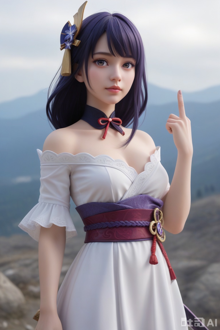masterpiece,highres,3D,CG,3d render,realistic,Raiden Shogun,1girl,,luxueqi,solo,upper body,dress,hair ornament,upper body,weapon,sword,white dress,,masterpiece,3d model,highres,out stretched one arm, Raising Middle Finger,sneer,dusdain,ridicule,fake smil,,blue sky,clouds,Mountain,snow mountain