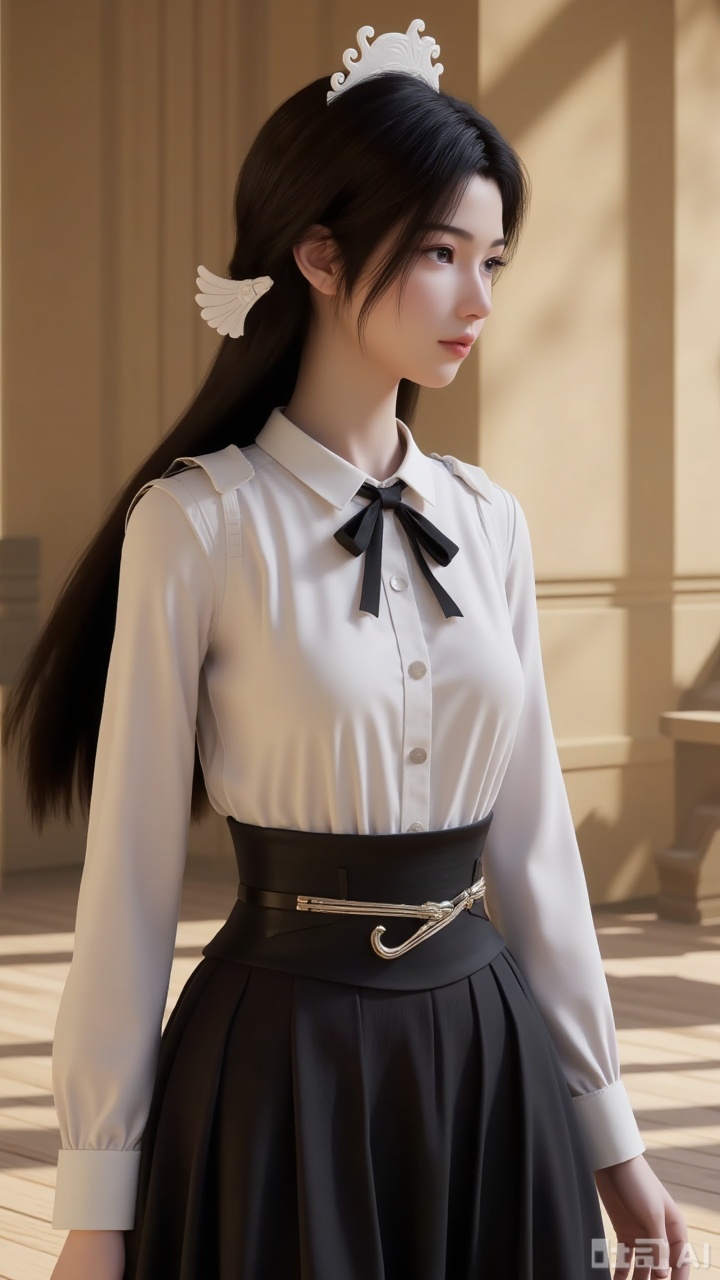 1 girl
solo
Black long hair
Watching the audience
Pleated short skirt
A white shirt with a black ribbon tied around the collar.
Black hair, hair accessories, chest.
indoor
Pure beige background, light and shadow, full of natural light.
Place your arms on both sides
Song Yu