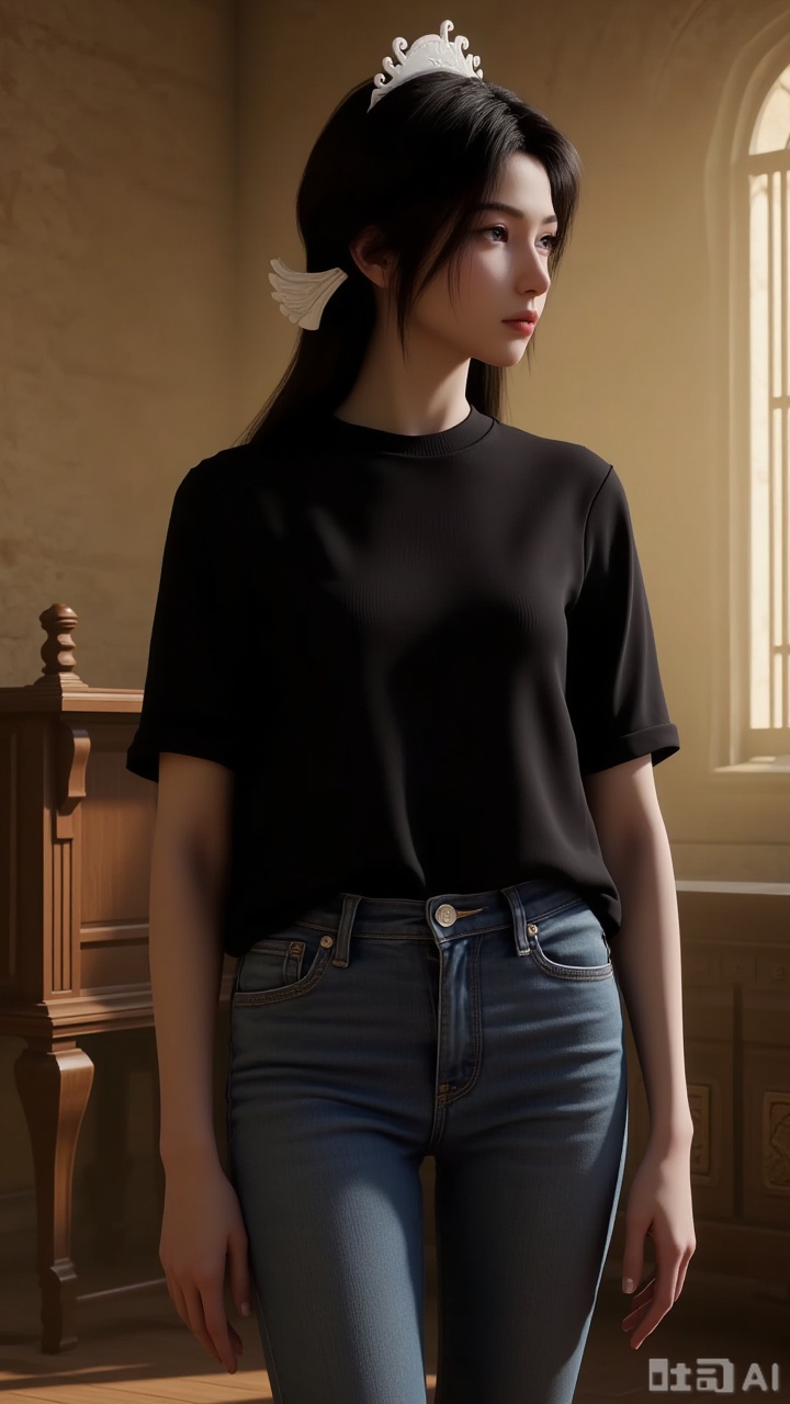 1 girl
solo
Black long hair
Watching the audience
Black short sleeved shirt
Tight jeans. Show your waist.
Black hair, hair accessories, chest.
indoor
Pure beige background, light and shadow, full of natural light.
Song Yu