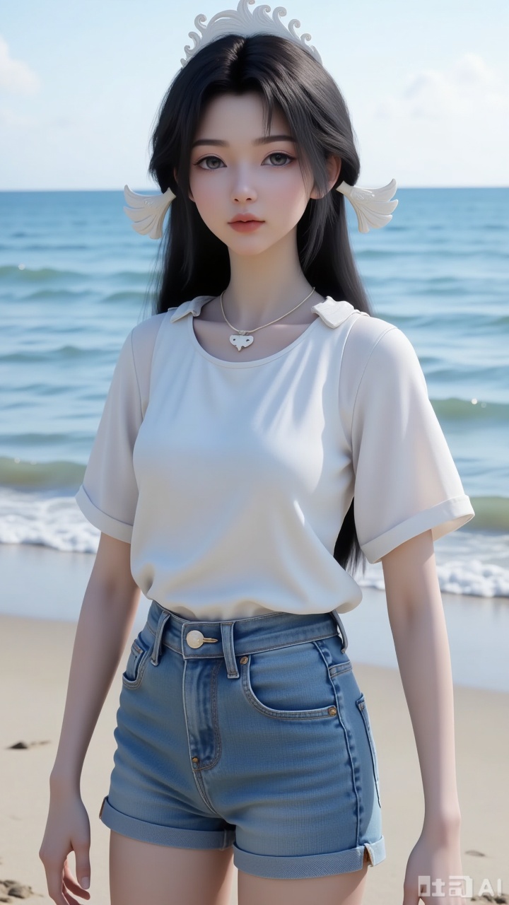 1 girl
solo
Black long hair
Face to face audience
Standing by the seaside wearing white short sleeves and denim shorts.
Black hair, hair accessories, chest.
outdoor
By the seaside, with light and shadow, filled with natural light.