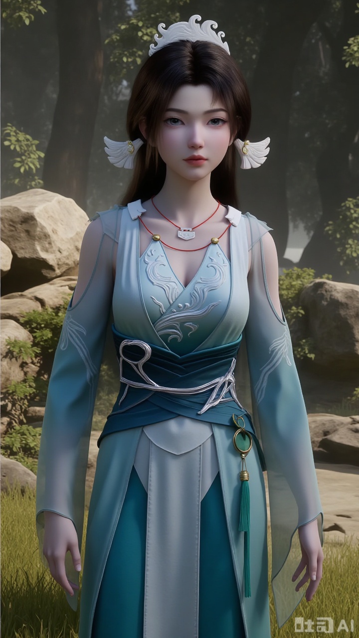 1girl

solo

long hair

brown hair

black hair

hair ornament

long sleeves

dress

jewelry

earrings

outdoors

necklace

sash

blue dress

grass

tassel

stairs

songyu