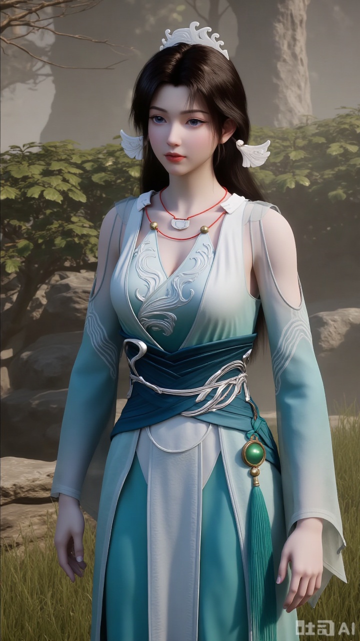 1girl

solo

long hair

brown hair

black hair

hair ornament

long sleeves

dress

jewelry

earrings

outdoors

necklace

sash

blue dress

grass

tassel

stairs

songyu