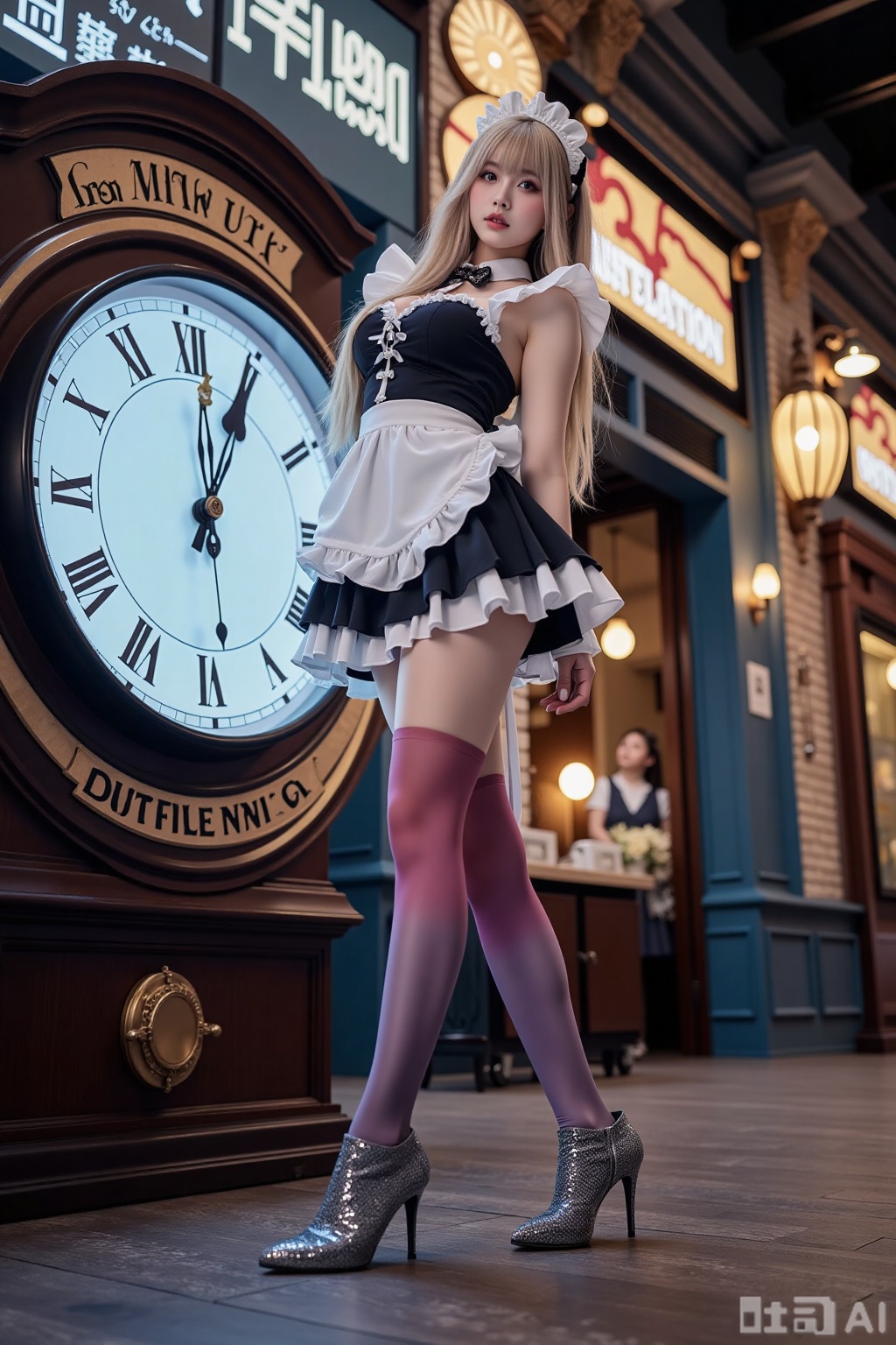 Realistic photo of a young woman with long hair, fair skin, big breasts, gradient maid, (gradient stockings), long legs, sequins high heels, full body, magic big clock, magic train station,