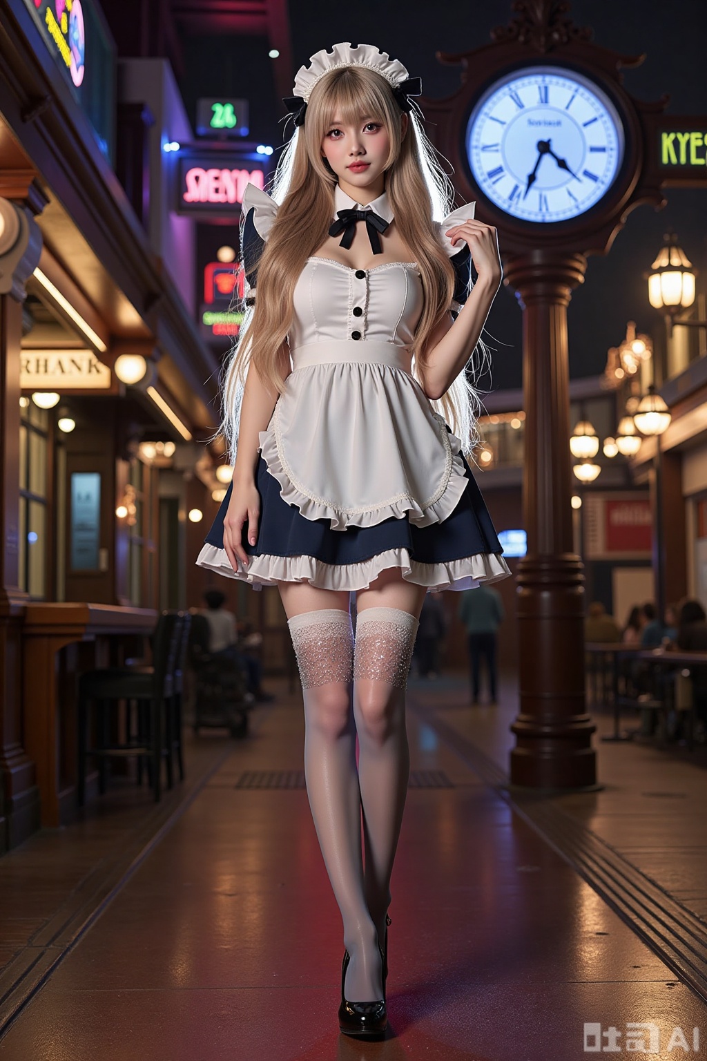 Realistic photo of a young woman with long hair, fair skin, big breasts, gradient maid, (gradient stockings), long legs, sequins high heels, full body, magic big clock, magic train station,