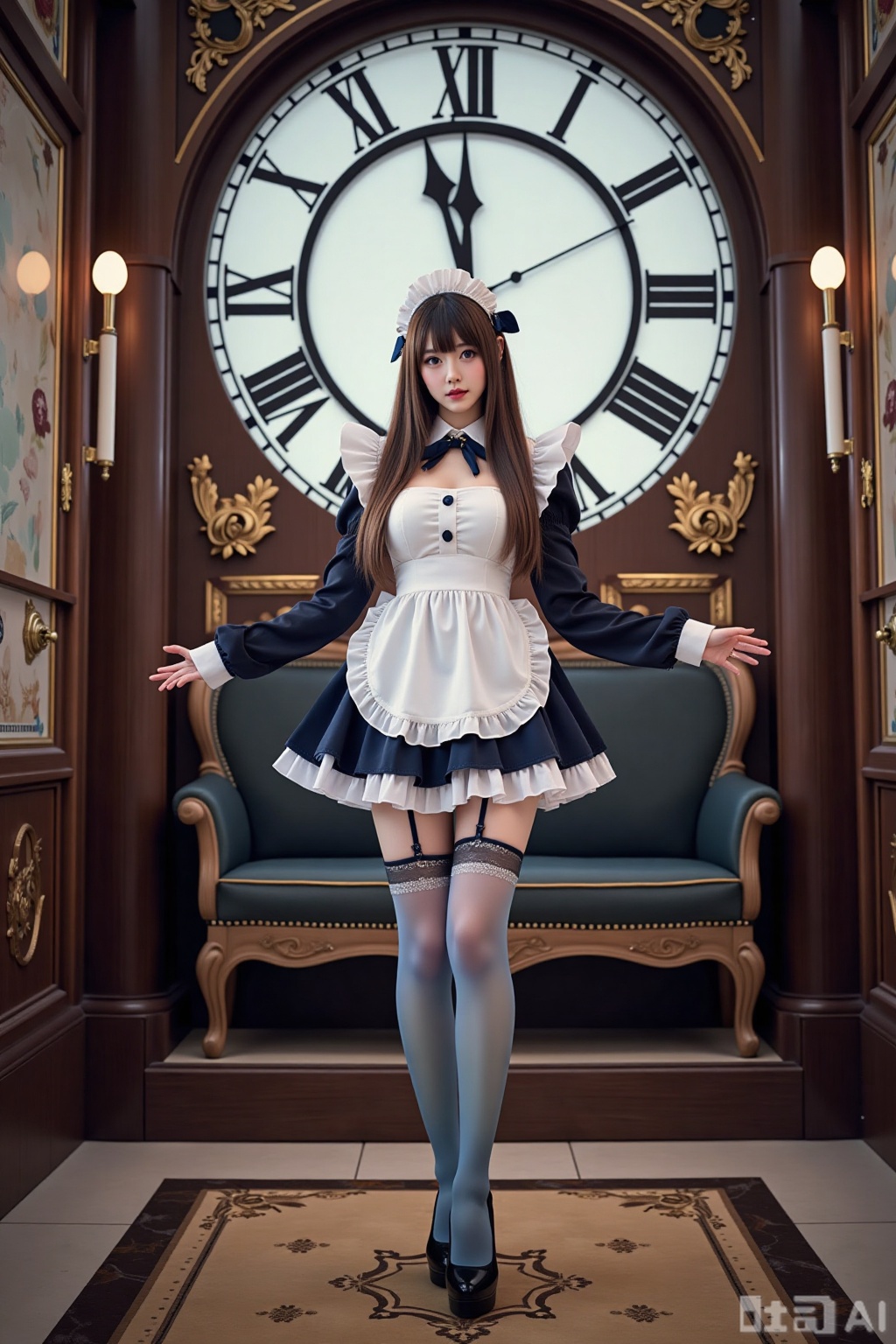 Realistic photo of a young woman with long hair, fair skin, big breasts, gradient maid, (gradient stockings), long legs, sequins high heels, full body, magic big clock, magic train station,
