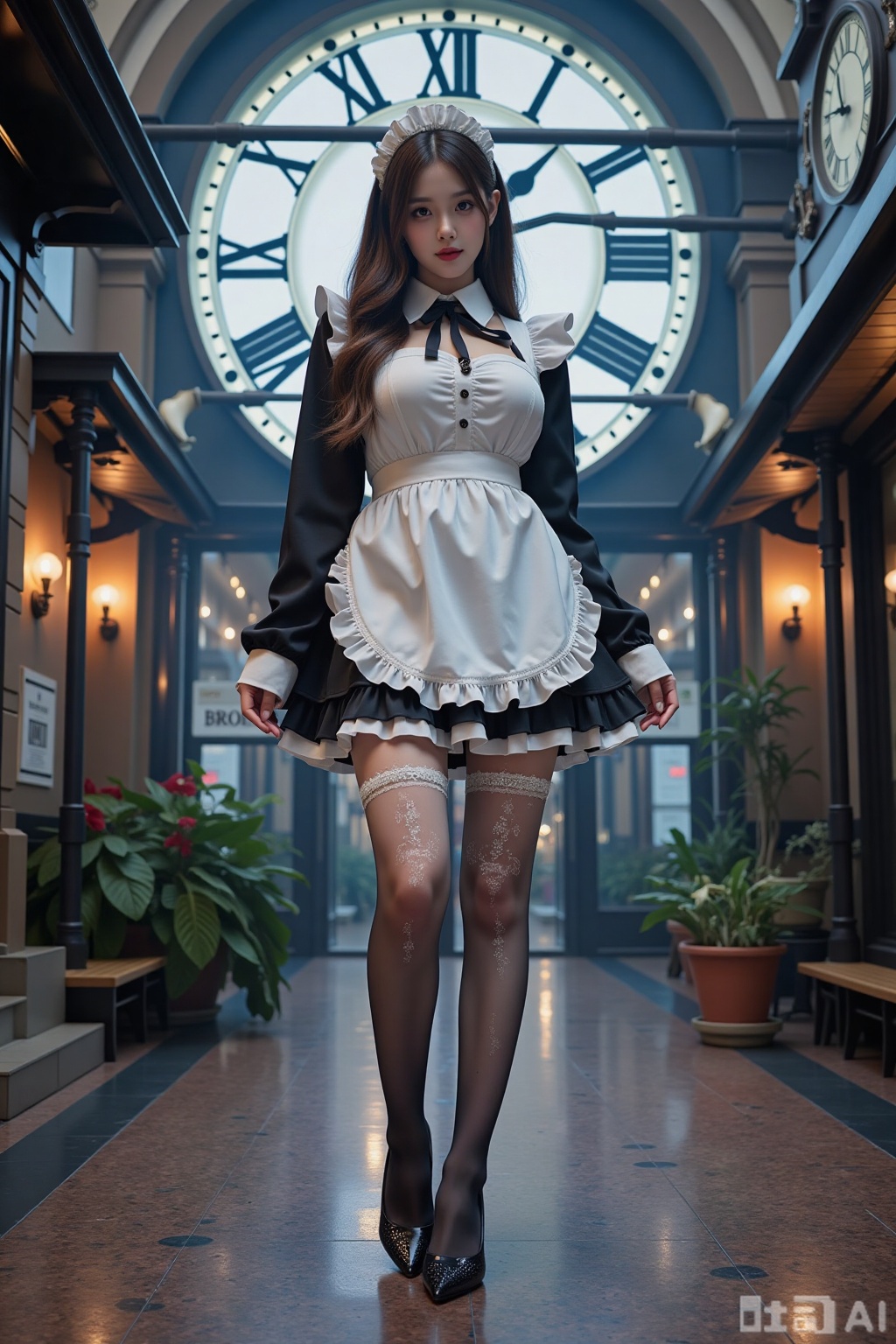 Realistic photo of a young woman with long hair, fair skin, big breasts, gradient maid, (gradient stockings), long legs, sequins high heels, full body, magic big clock, magic train station,