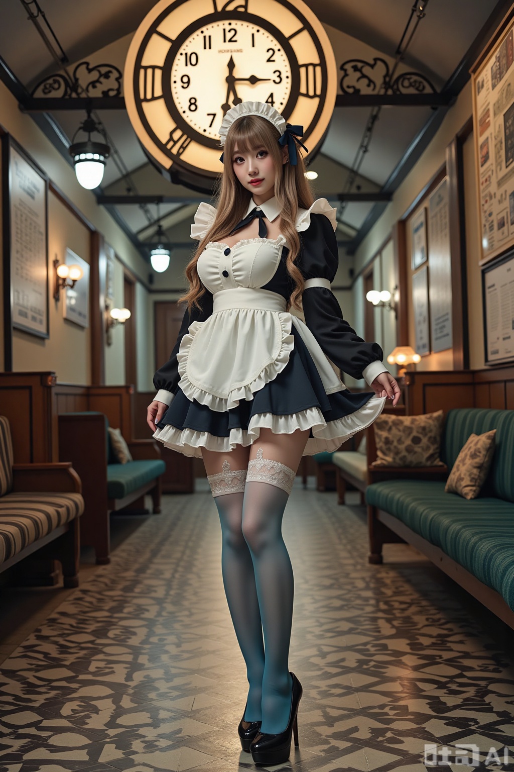 Realistic photo of a young woman with long hair, fair skin, big breasts, gradient maid, (gradient stockings), long legs, sequins high heels, full body, magic big clock, magic train station,