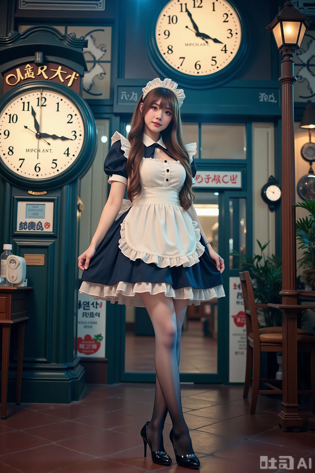Realistic photo of a young woman with long hair, fair skin, big breasts, gradient maid, (gradient stockings), long legs, sequins high heels, full body, magic big clock, magic train station,