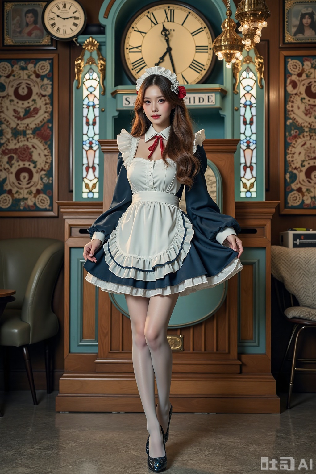 Realistic photo of a young woman with long hair, fair skin, big breasts, gradient maid, gradient stockings, long legs, sequins gradient high heels, full body, magic big clock, magic train station,