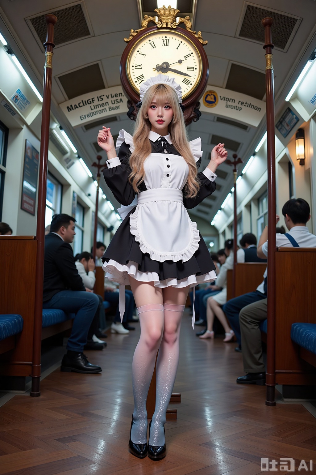 Realistic photo of a young woman with long hair, fair skin, big breasts, gradient maid, (gradient stockings), long legs, sequins high heels, full body, magic big clock, magic train station,